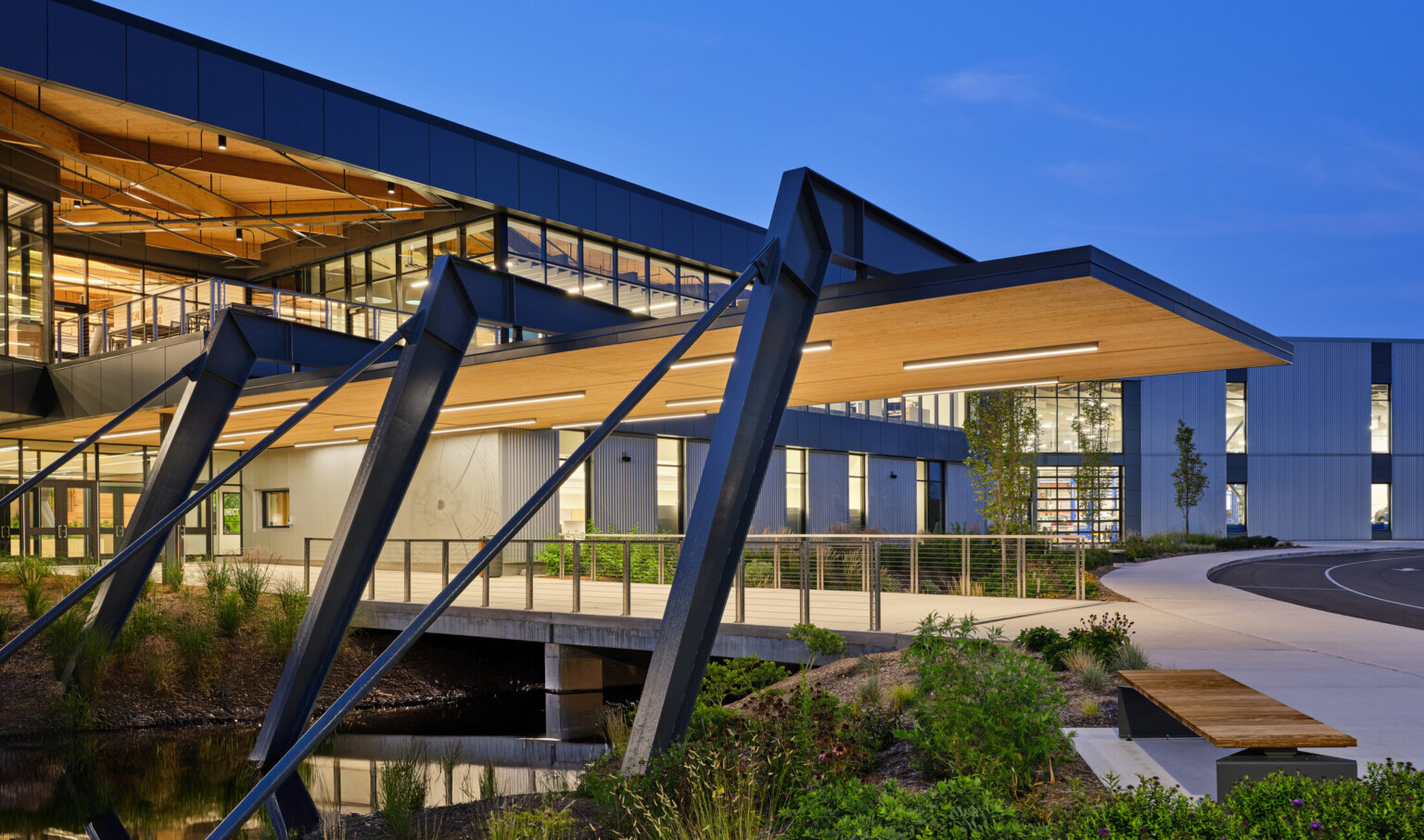Kalamazoo RESA career technical education building featuring exposed wood structure, natural materials, and biophilic design elements