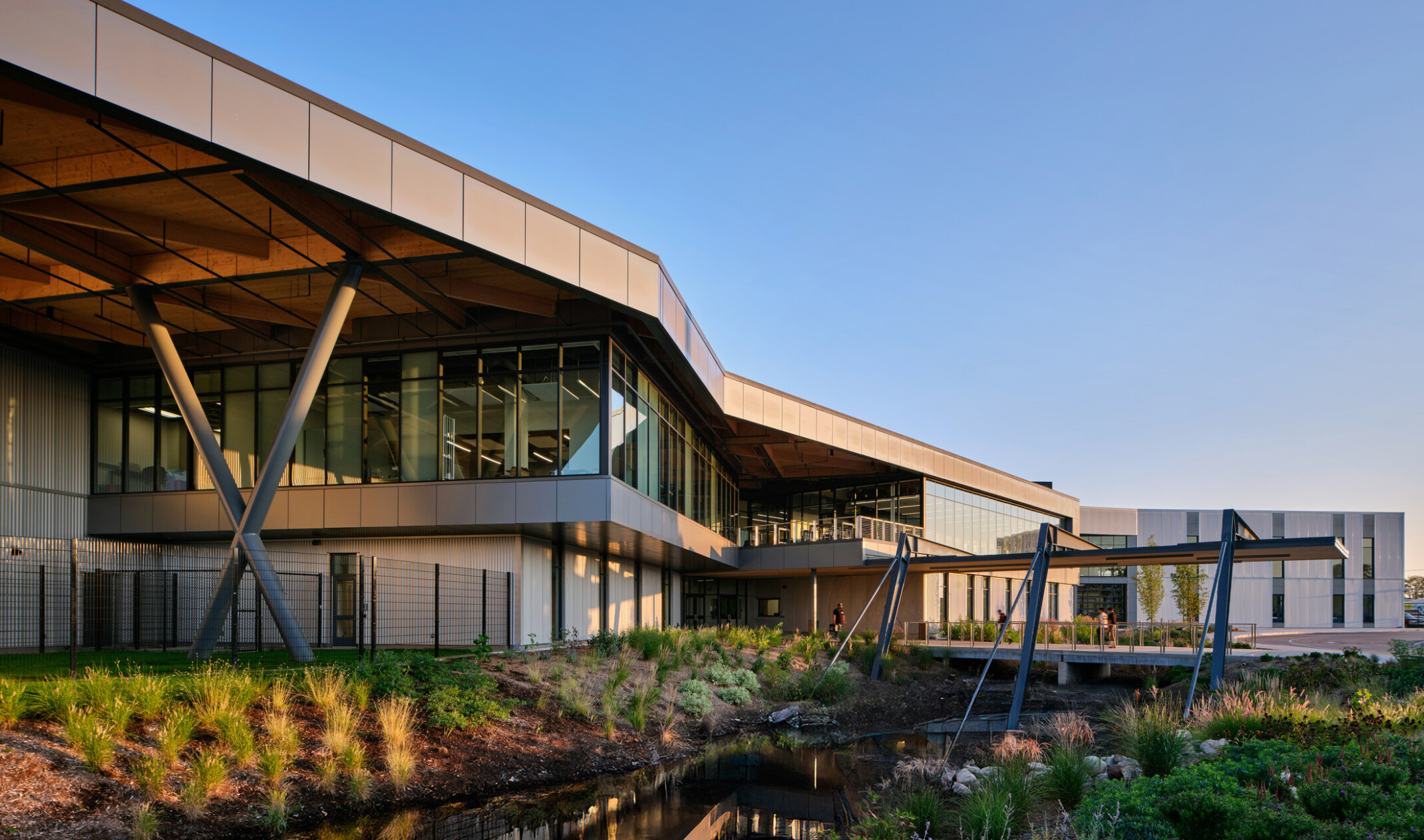 Kalamazoo RESA career technical education building featuring exposed wood structure, natural materials, and biophilic design elements