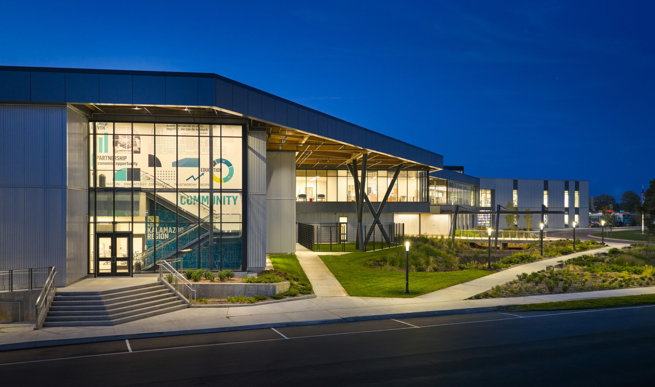 Kalamazoo RESA career technical education building featuring exposed wood structure, natural materials, and biophilic design elements