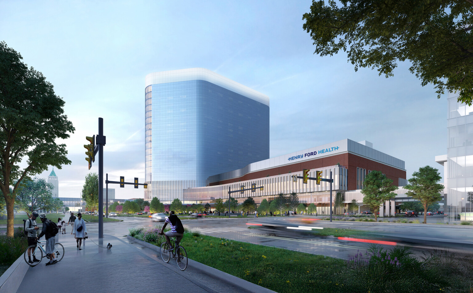 A render of a modern red brick and glass building with a curved design, large windows, and vertical fins.