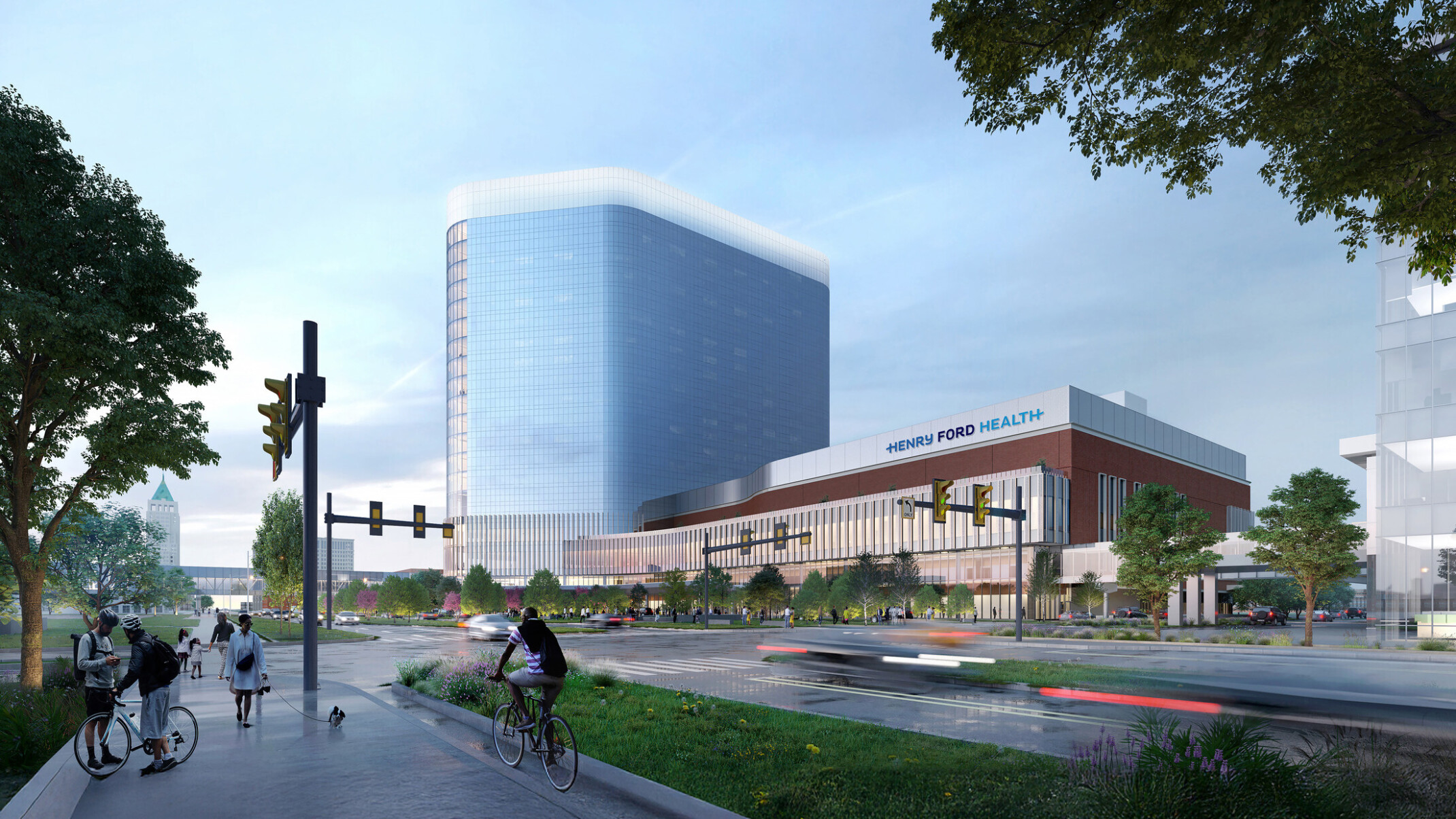 A render of a modern red brick and glass building with a curved design, large windows, and vertical fins.