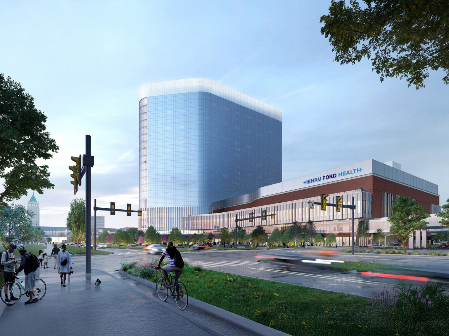 design concept for the new Henry Ford Health’s emergency department and hospital; sweeping glass facade curves, pedestrian friendly circulation