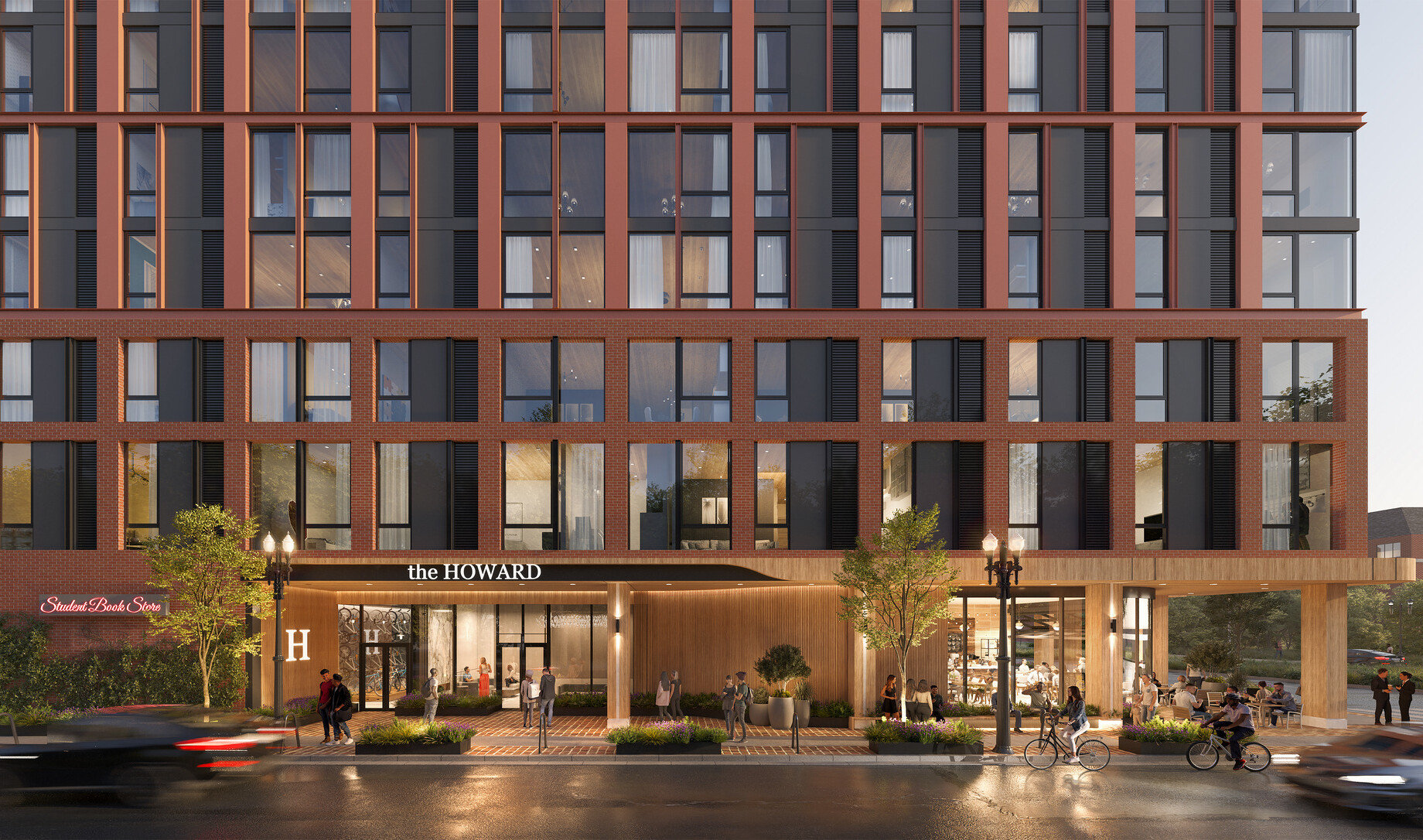 architectural rendering of an entrance; a wood-wrapped canopy extending along the base to create a warm, human-scaled street-level edge