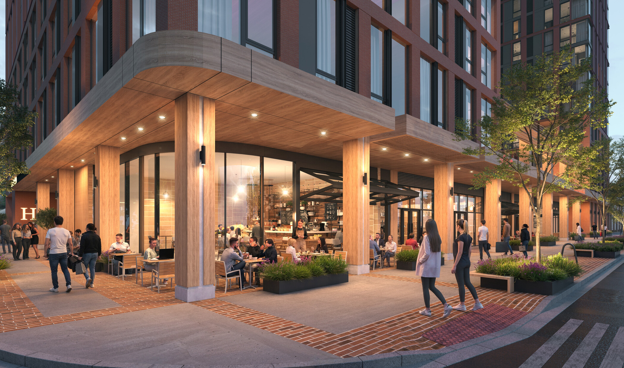 Rendering of a ground-floor corner retail space at The Howard; with a wood-wrapped canopy and columns and a storefront garage door opening onto the street.