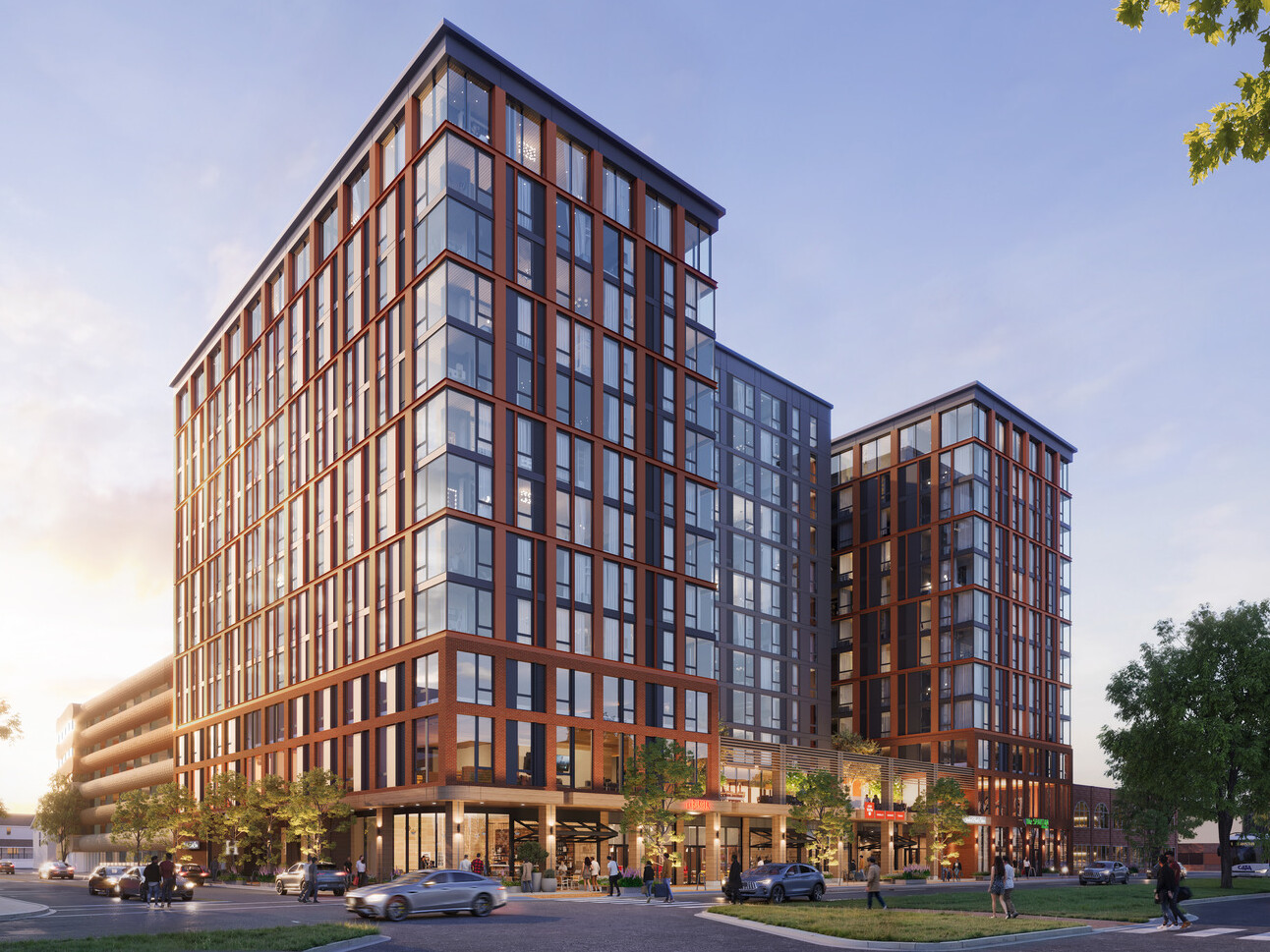 Exterior rendering a 12-story U-shaped mass timber residential tower; masonry mid-rise base transitioning to a lighter metal-clad upper tower.