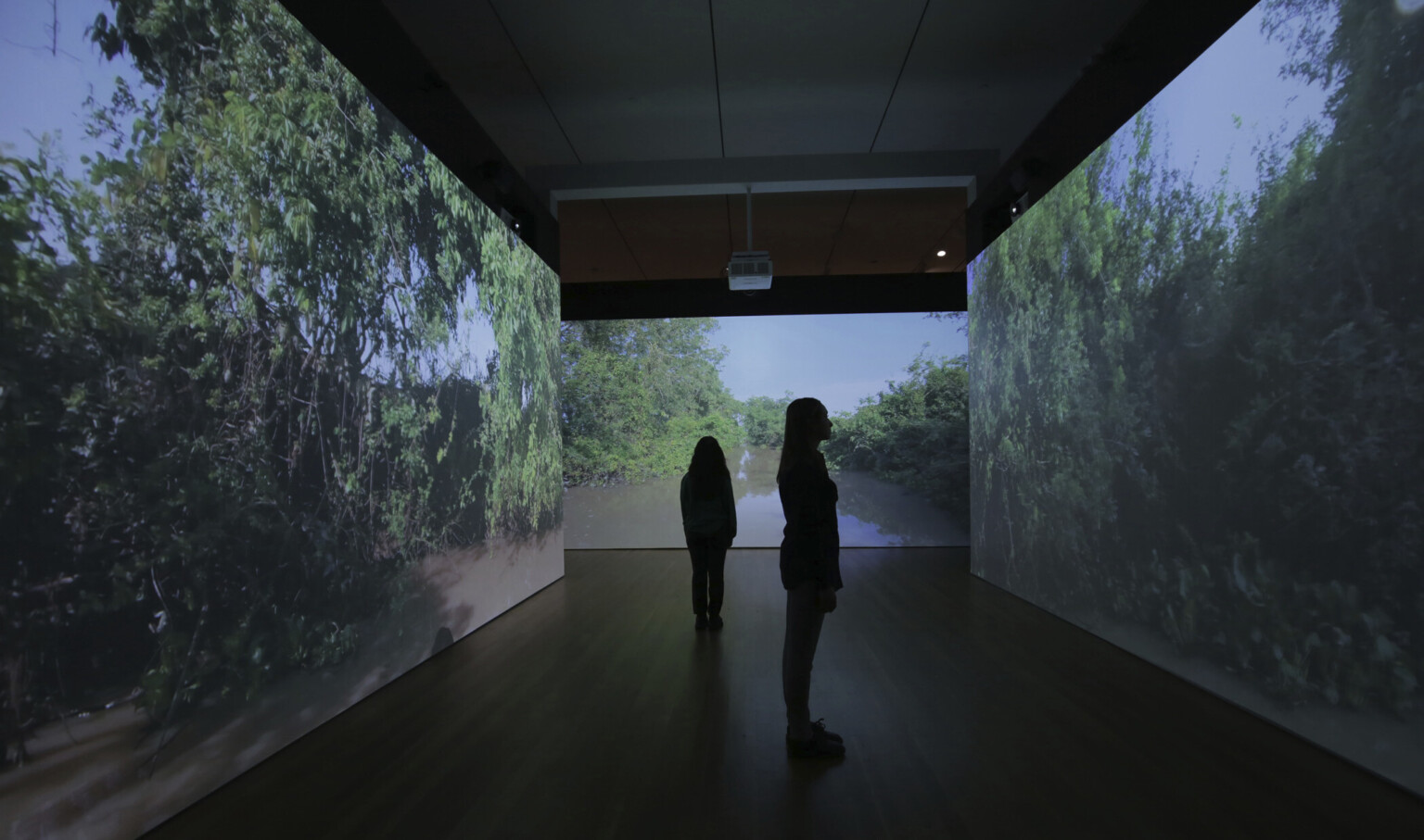 two darkened silhouettes stand apart in a dark room with three walls illuminated by projected images of a muddy river