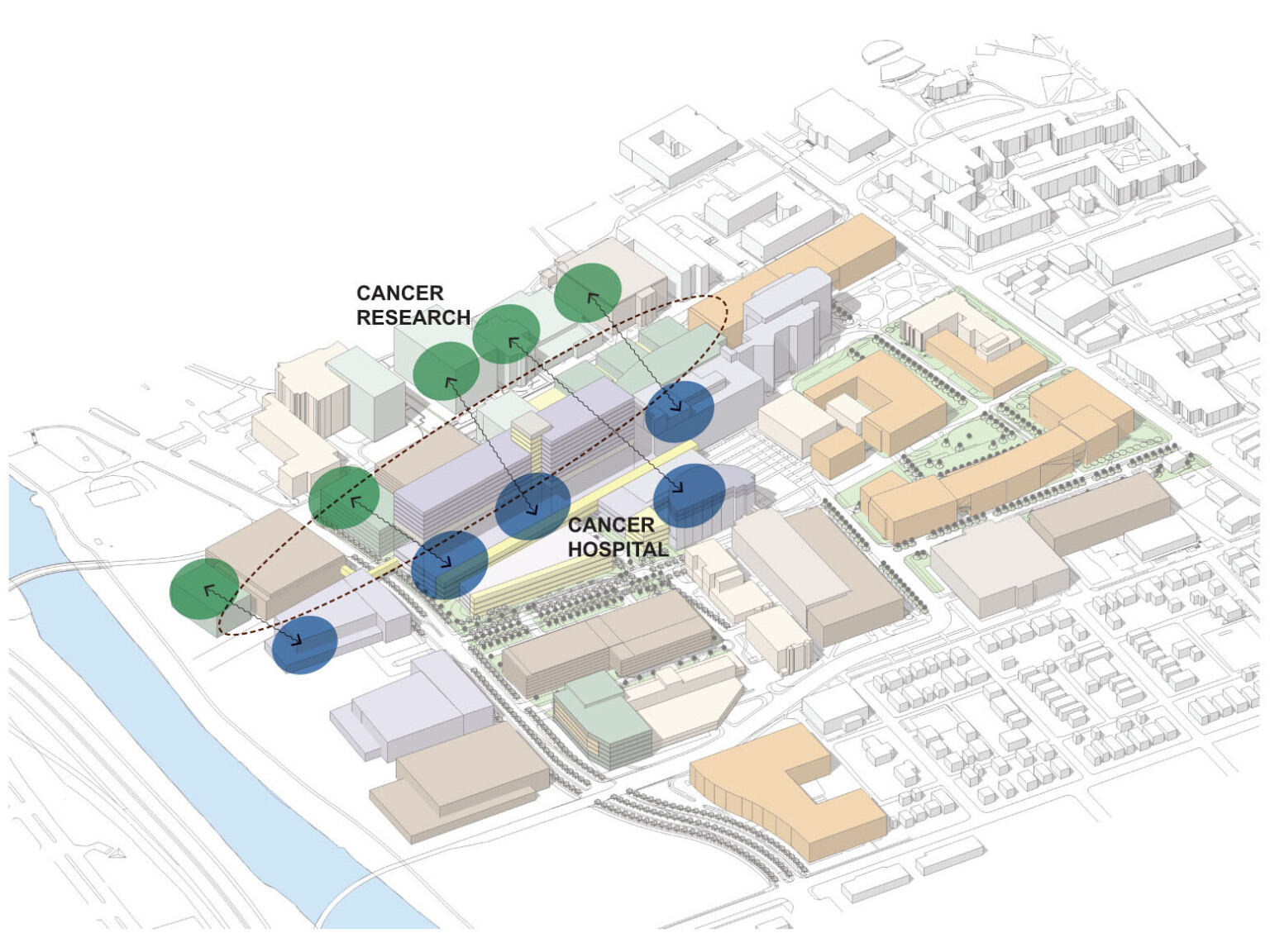 An architectural map of an academic medical campus showing buildings, roads, and pathways. Buildings are color-coded to distinguish functions.