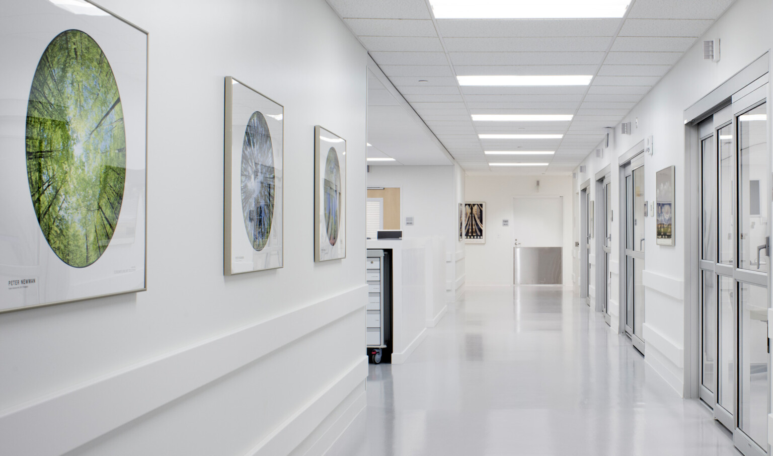 White hallway with doors to right. Room to left with medical cart under counter. White door with metal bottom at end of hall