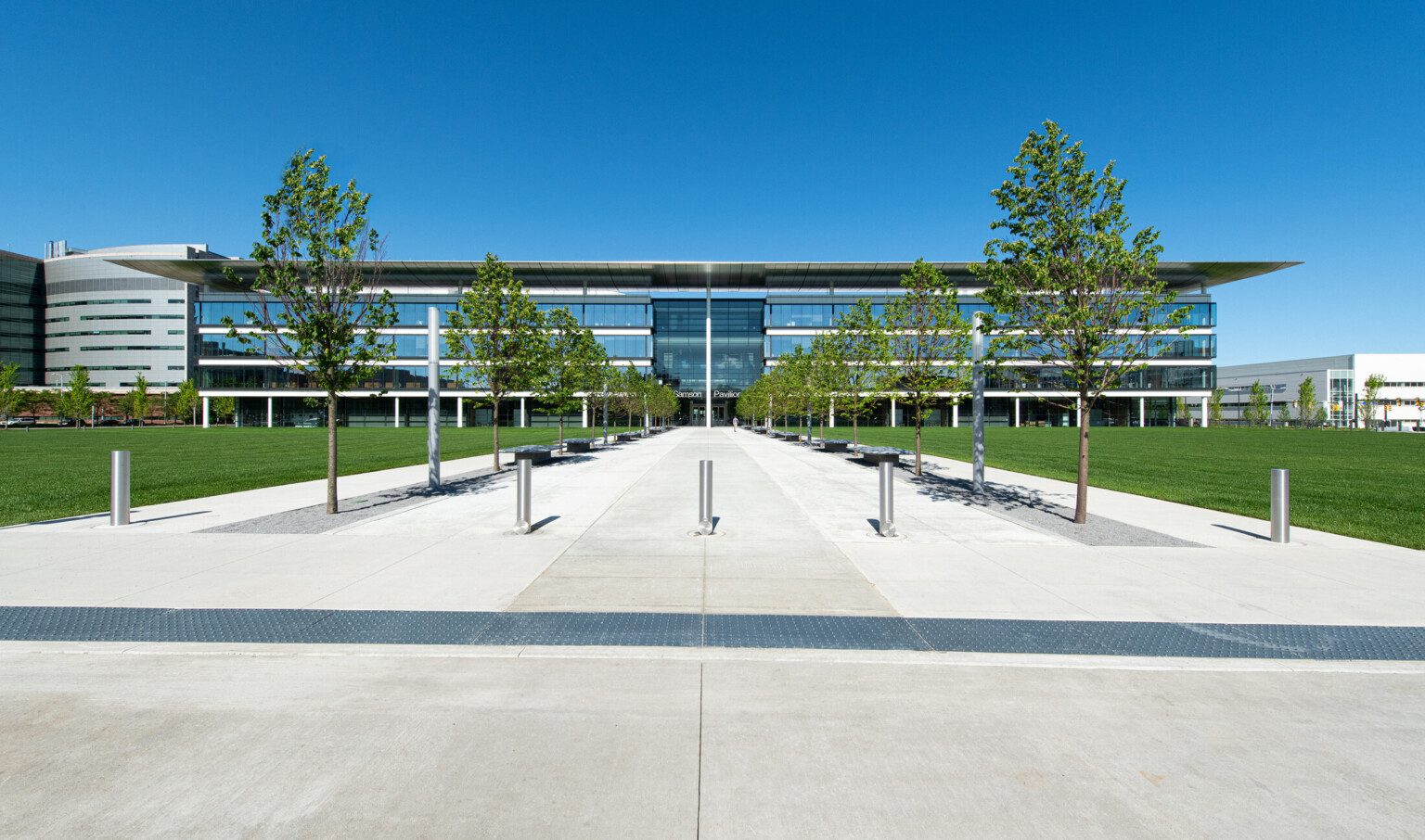 Building front with 4 stories of floor to ceiling windows and recessed double height window entry. Tree lined walkway to door