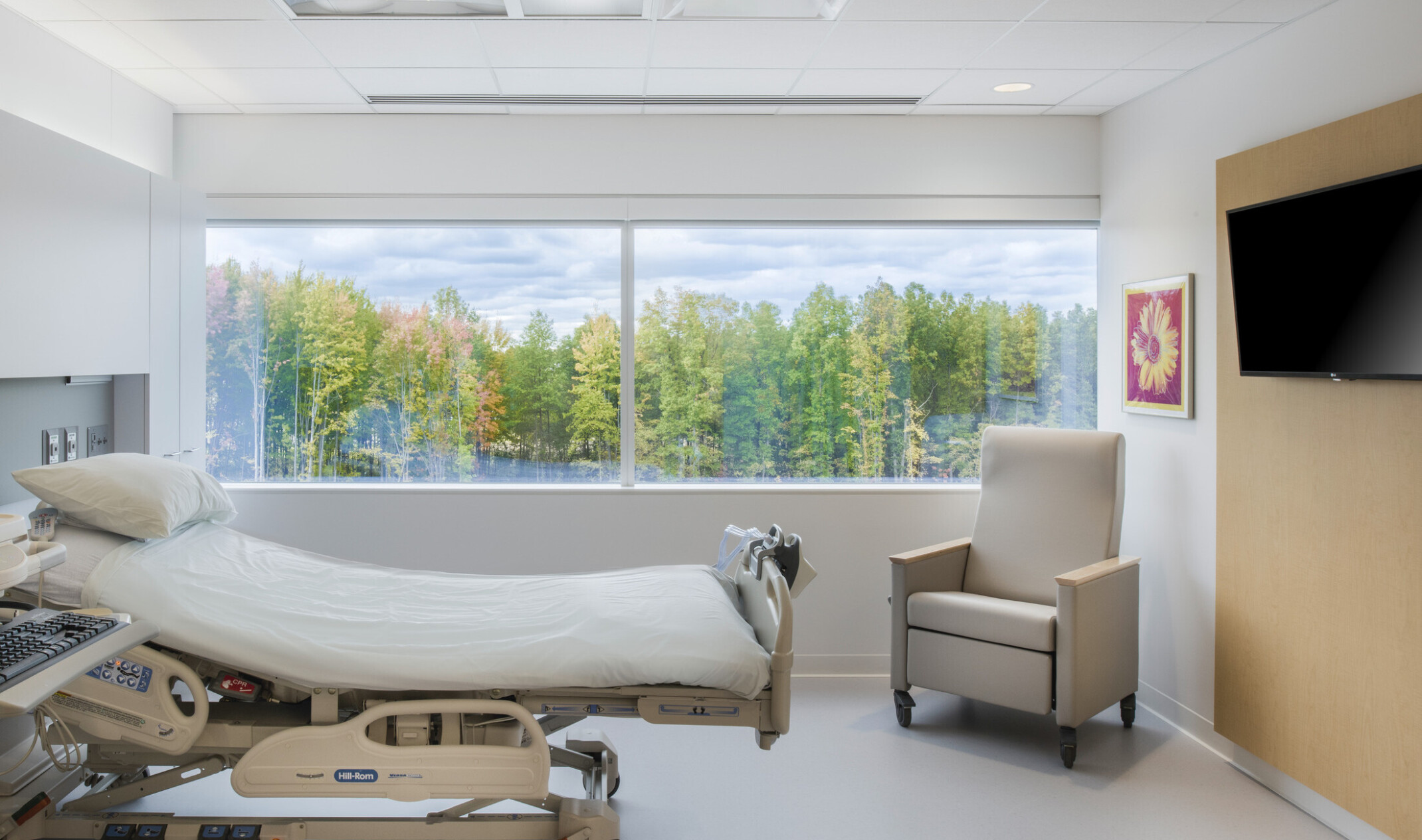 Hospital bed reclined in front of large window with views of trees. An arm chair faces the bed at the foot