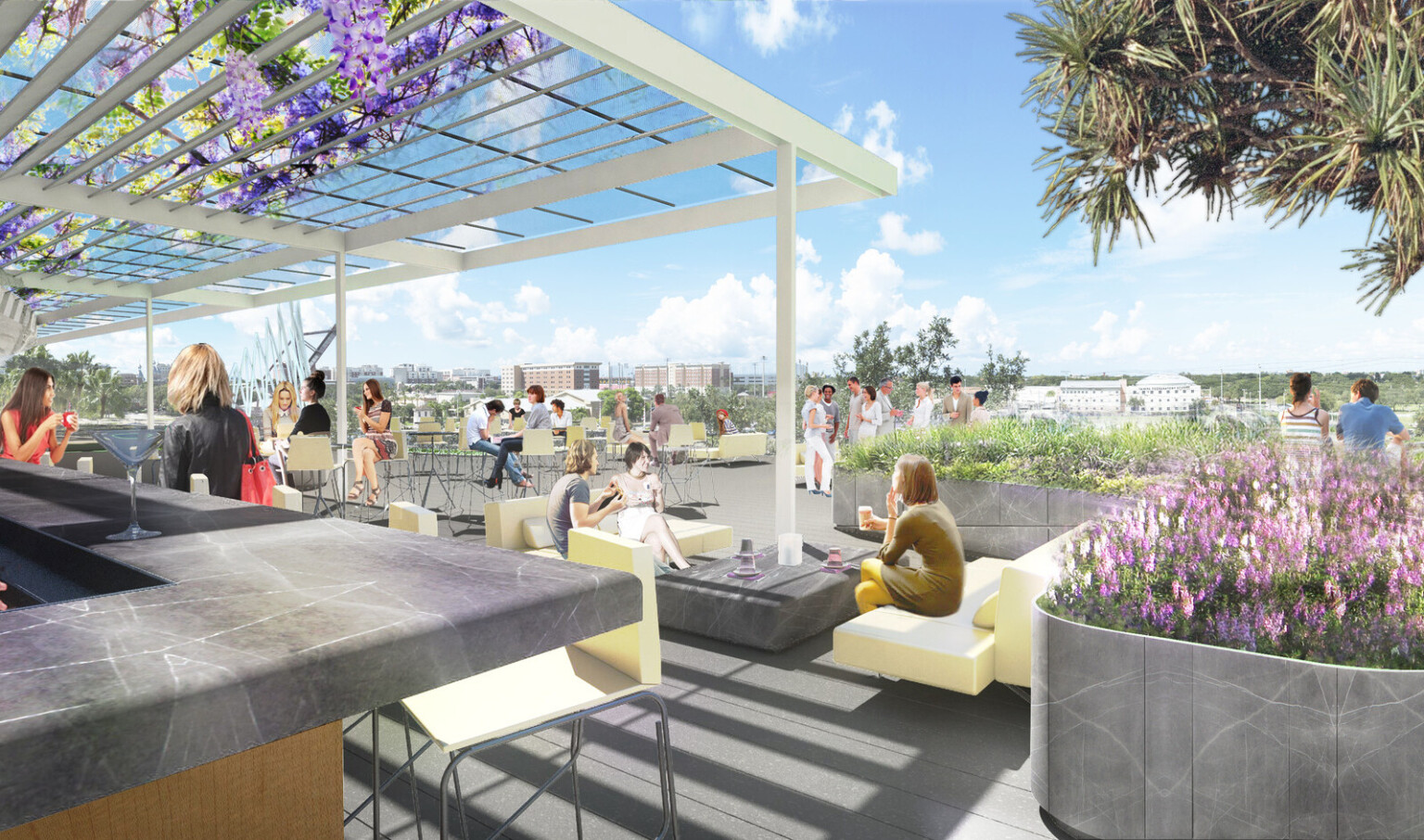 Terrace with garden space surrounding seating areas with couch and bar stools with tables behind a bar