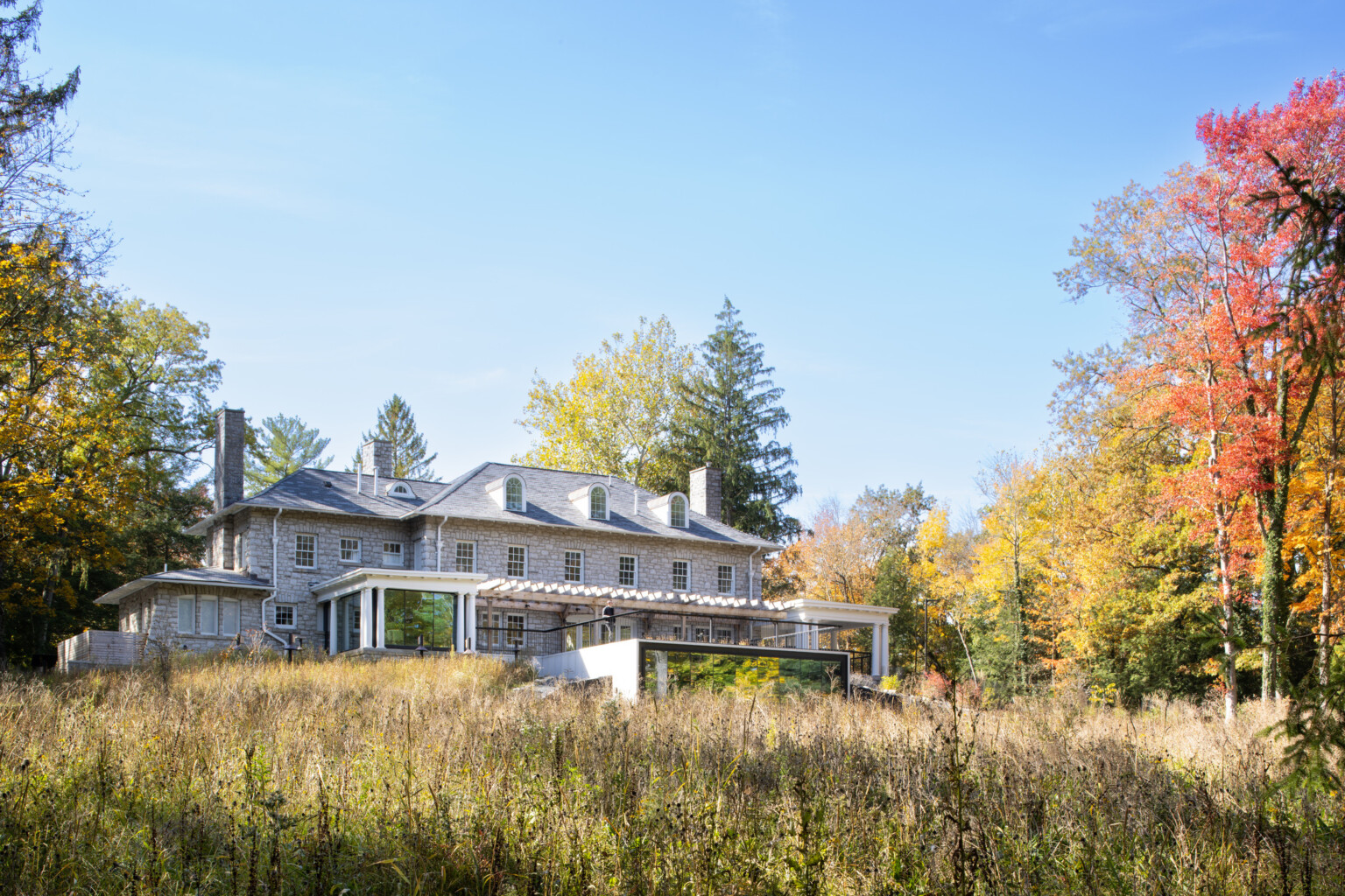 Stone façade mansion nestled in lush, tall trees, greenery, blue skies