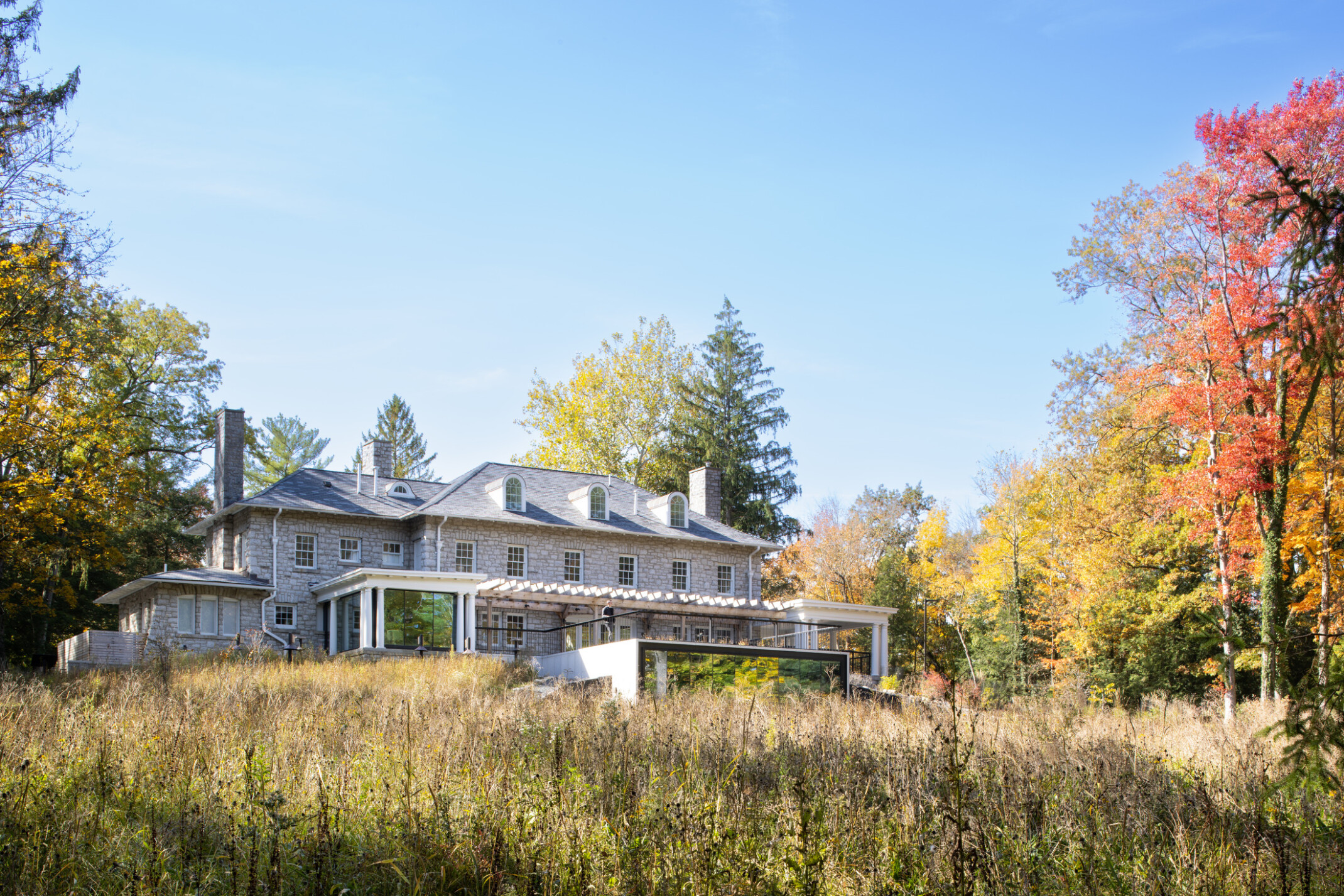 Stone façade mansion nestled in lush, tall trees, greenery, blue skies Stone façade mansion nestled in lush, tall trees, greenery, blue skies