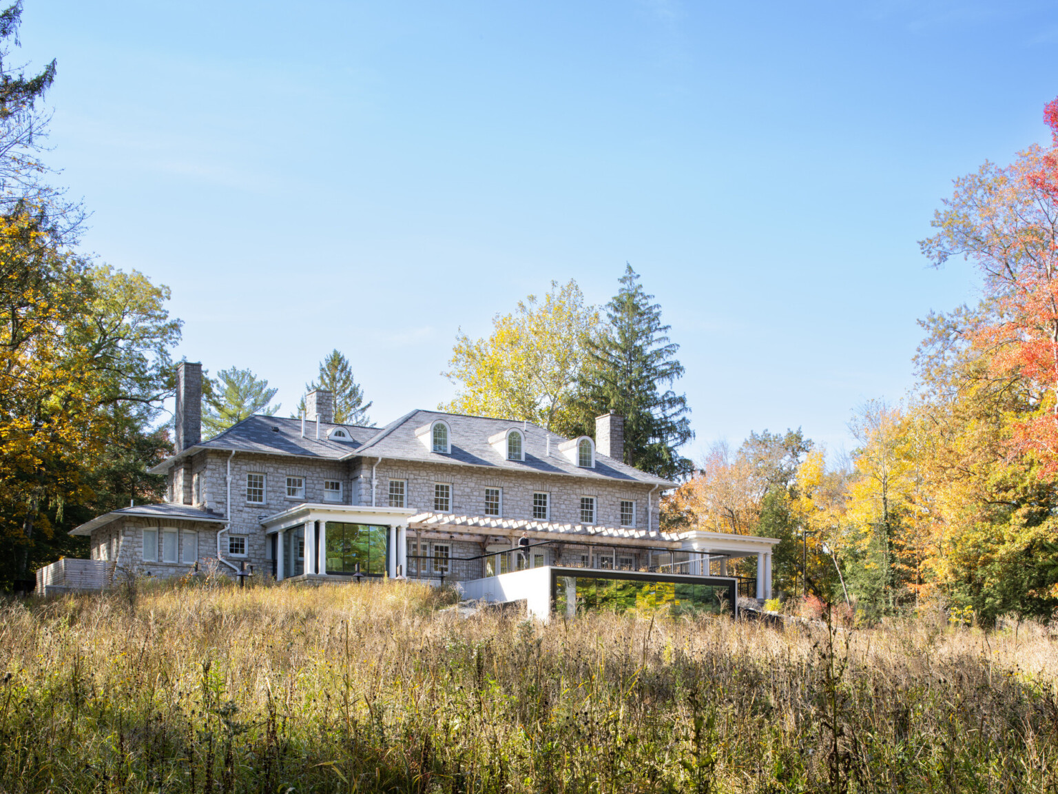 Stone façade mansion nestled in lush, tall trees, greenery, blue skies