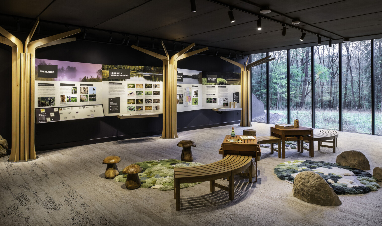 Learning room with wooden tree sculptures with wooden benches and large glass windows