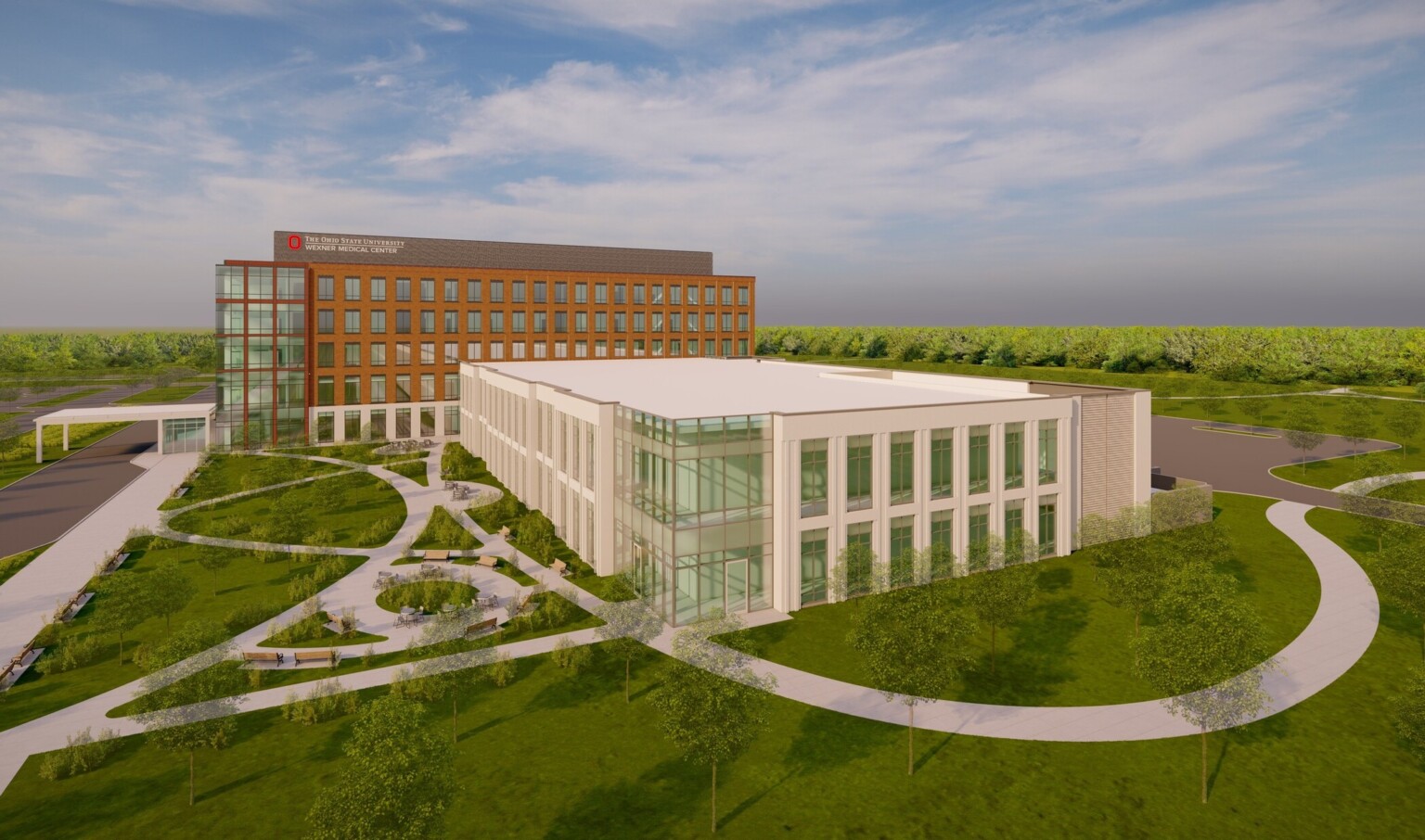 Side view rendering of white and brick building with large windows. Sign reads The Ohio State University Wexner Medical Center