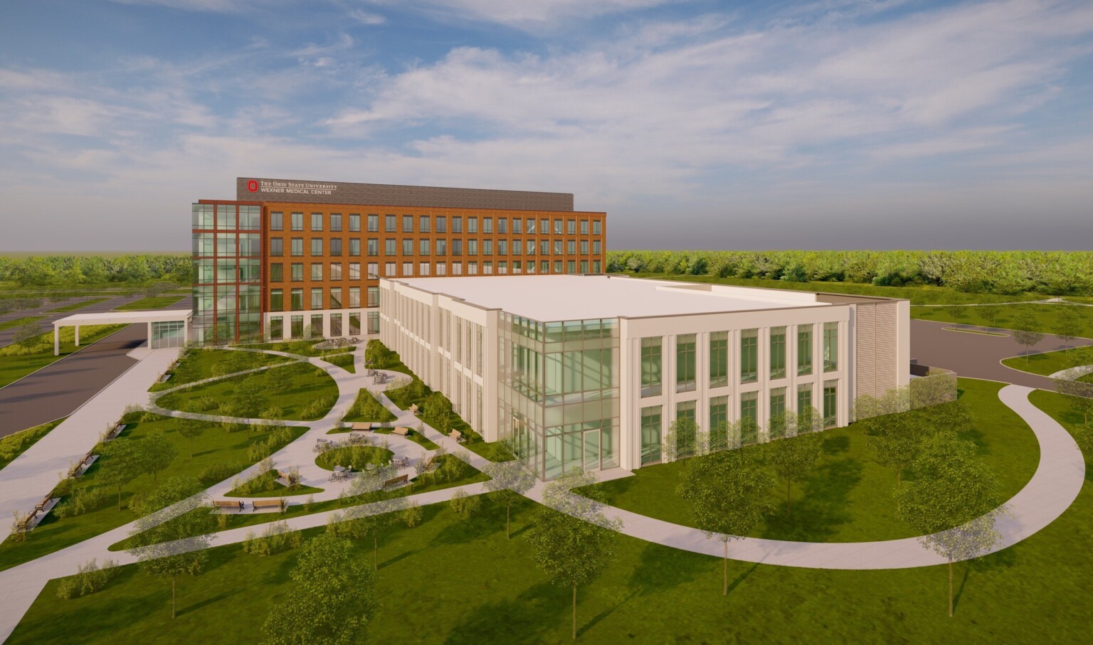 Side view rendering of white and brick building with large windows. Sign reads The Ohio State University Wexner Medical Center Side view rendering of white and brick building with large windows. Sign reads The Ohio State University Wexner Medical Center
