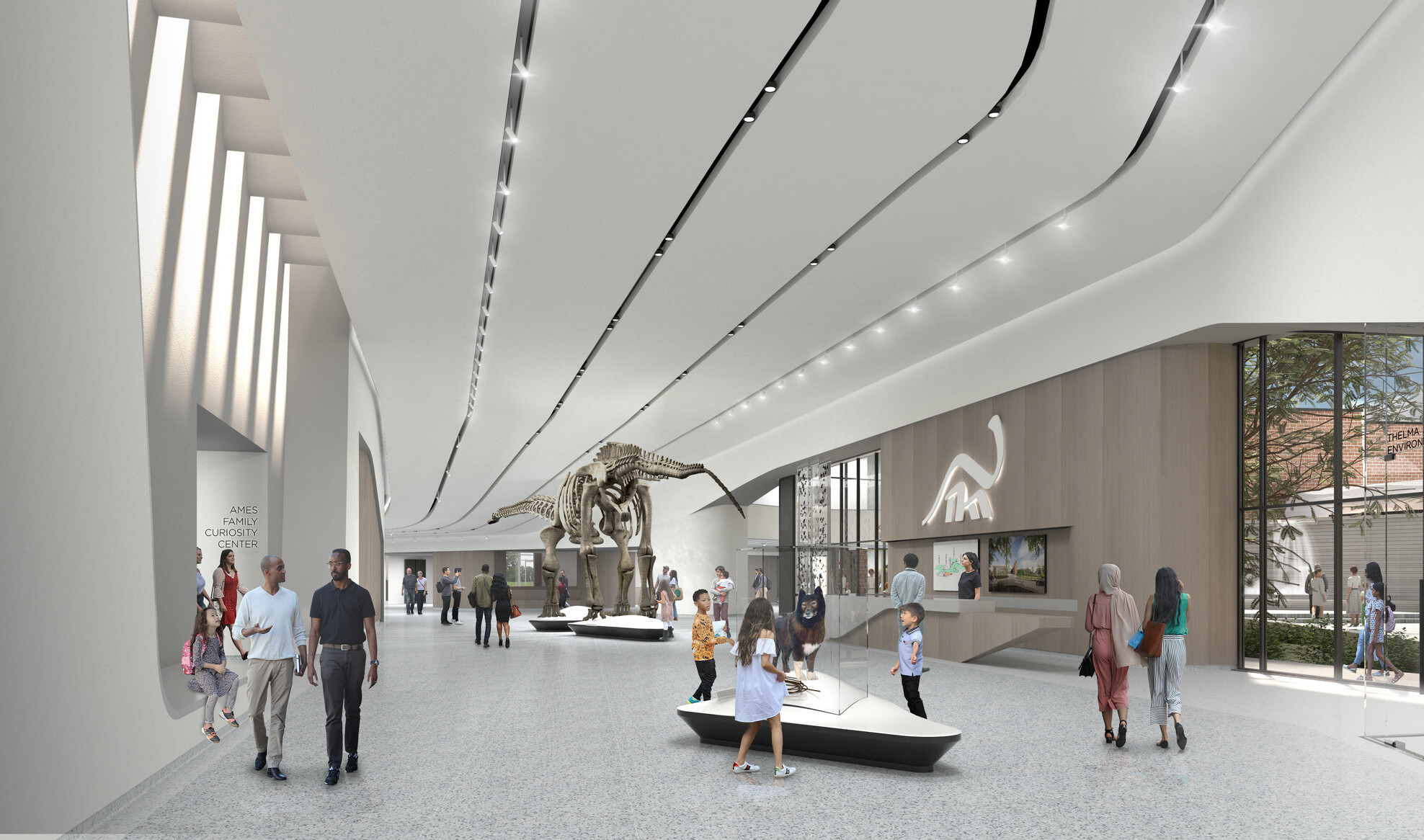 Interior view of a gallery hallway, white striped dimensional ceiling design curves with room and provides recessed lighting
