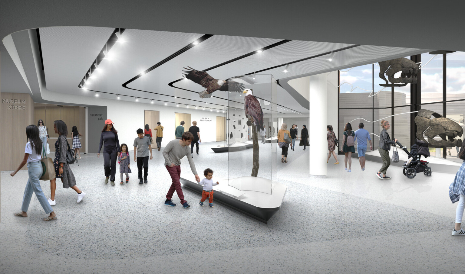 interior of museum, people standing viewing exhibits, floor-to-ceiling windows provide natural light, two bald eagles exhibit, large dinosaur bones articulated, seating interior of museum, people standing viewing exhibits, floor-to-ceiling windows provide natural light, two bald eagles exhibit, large dinosaur bones articulated, seating