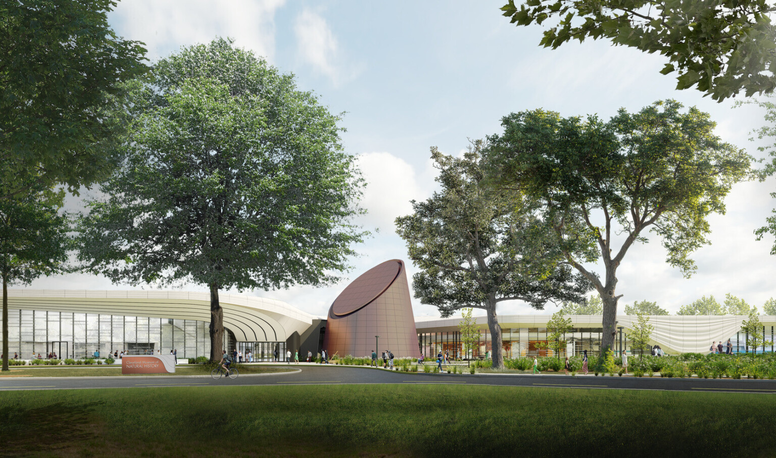 street view of Cleveland Museum of Natural History, a two section building with curved white roof, large metal sculpture center street view of Cleveland Museum of Natural History, a two section building with curved white roof, large metal sculpture center