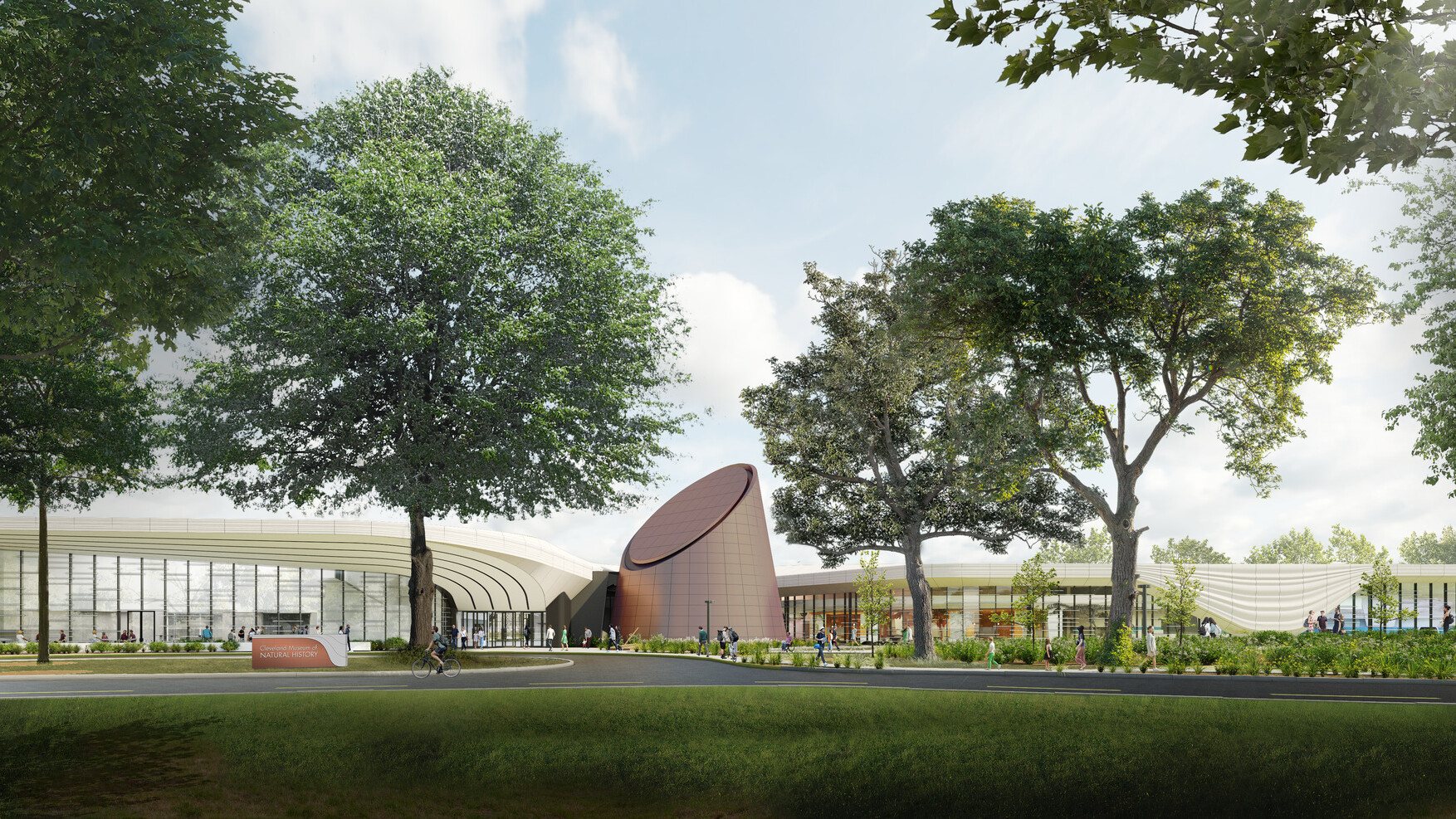 street view of Cleveland Museum of Natural History, a two section building with curved white roof, large metal sculpture center