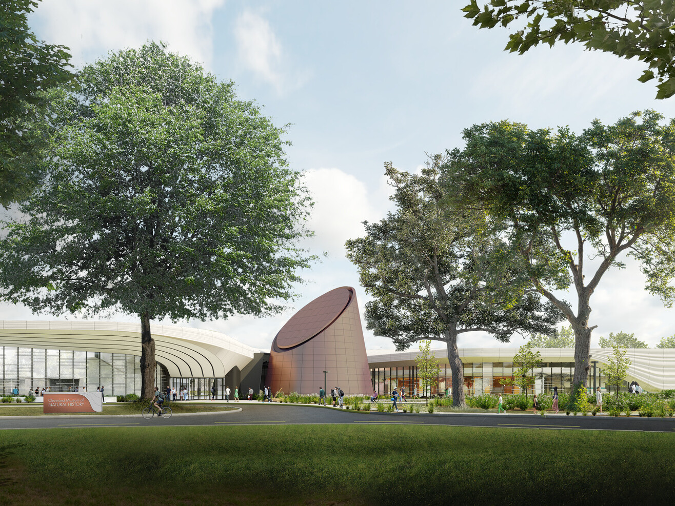 street view of Cleveland Museum of Natural History, a two section building with curved white roof, large metal sculpture center