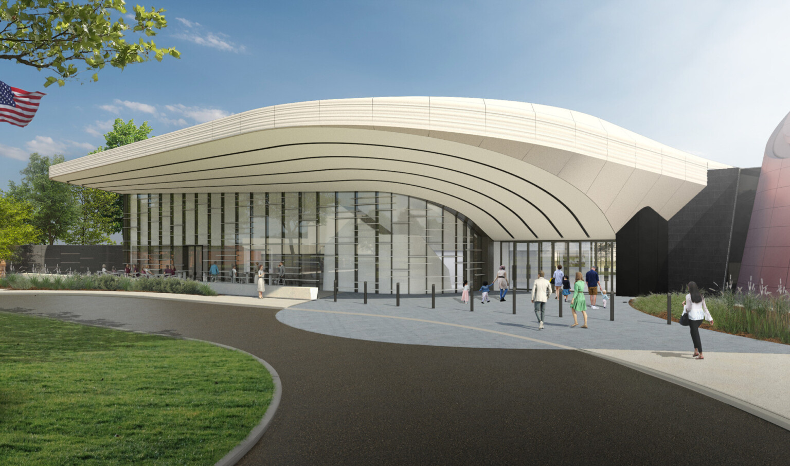 exterior view of Cleveland Museum of Natural History, a two section building with curved white roof, floor-to-ceiling windows, walkways, greenbelt, landscaping, trees exterior view of Cleveland Museum of Natural History, a two section building with curved white roof, floor-to-ceiling windows, walkways, greenbelt, landscaping, trees