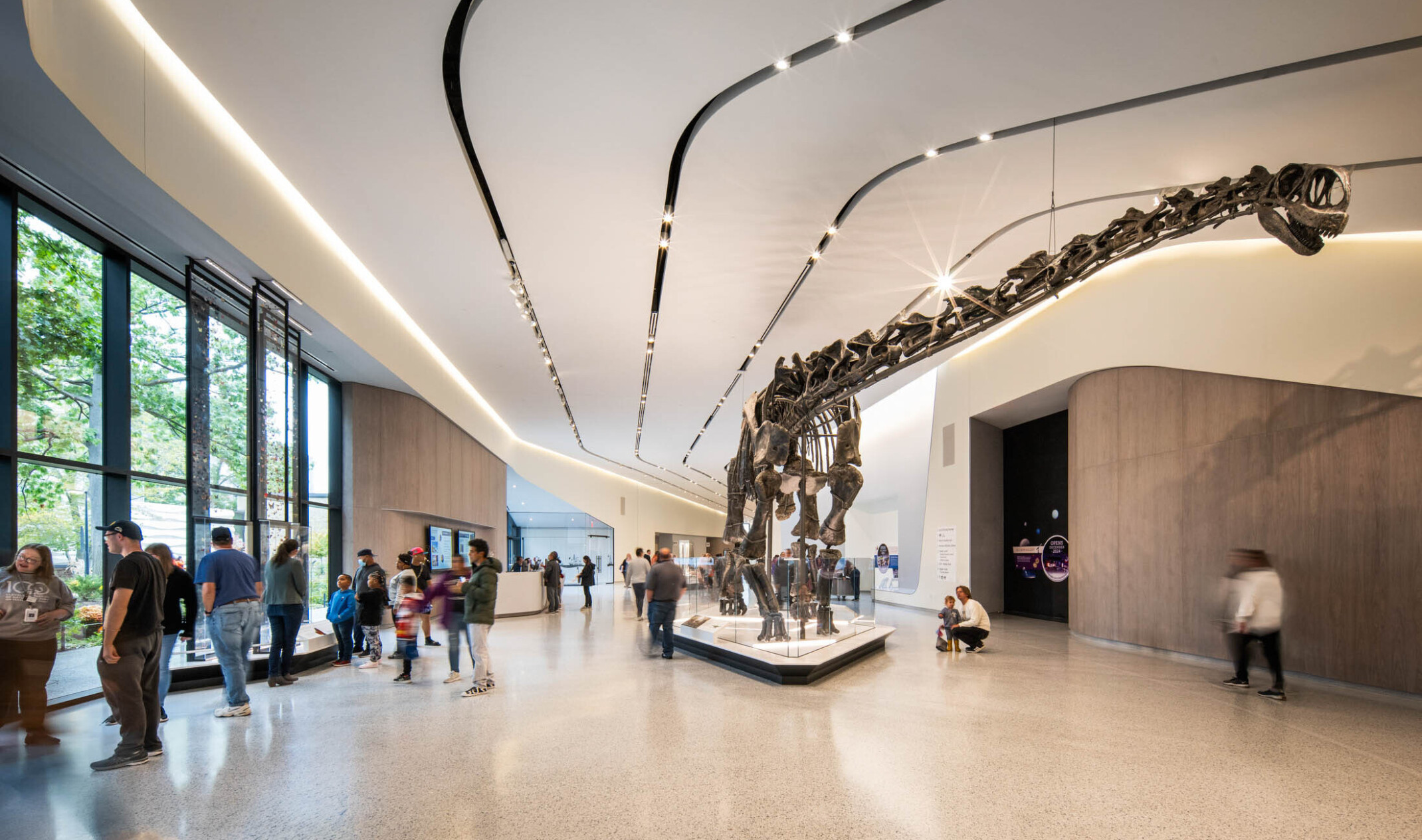 A dinosaur skeleton in an exhibition hall with people walking and viewing the exhibit in the large space with white walls, light tile flooring
