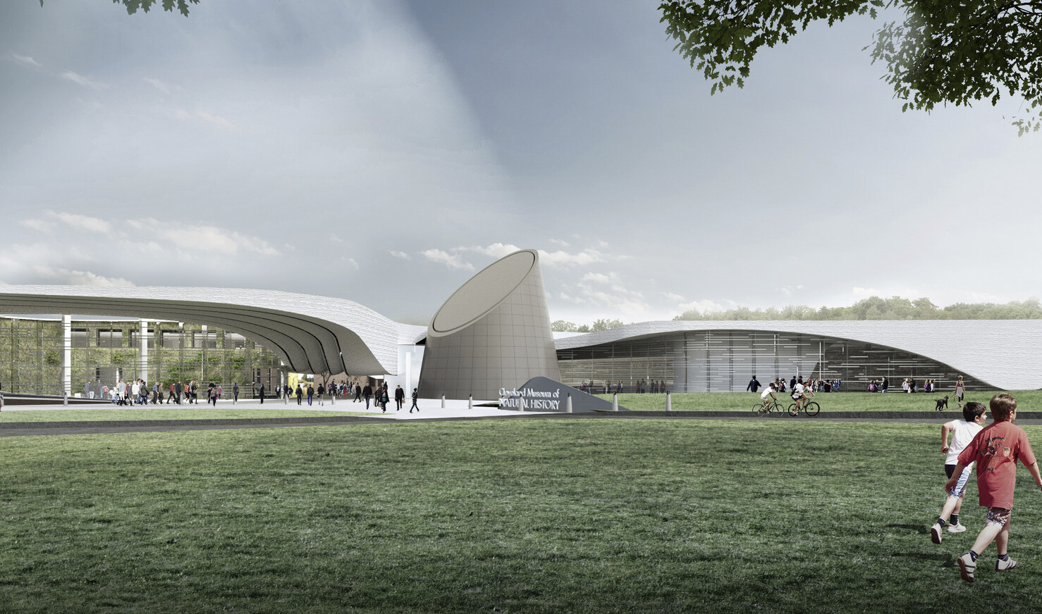 Concept for Cleveland Museum of Natural History Expansion, 2 section building with curved white roof, large sculpture center Concept for Cleveland Museum of Natural History Expansion, 2 section building with curved white roof, large sculpture center