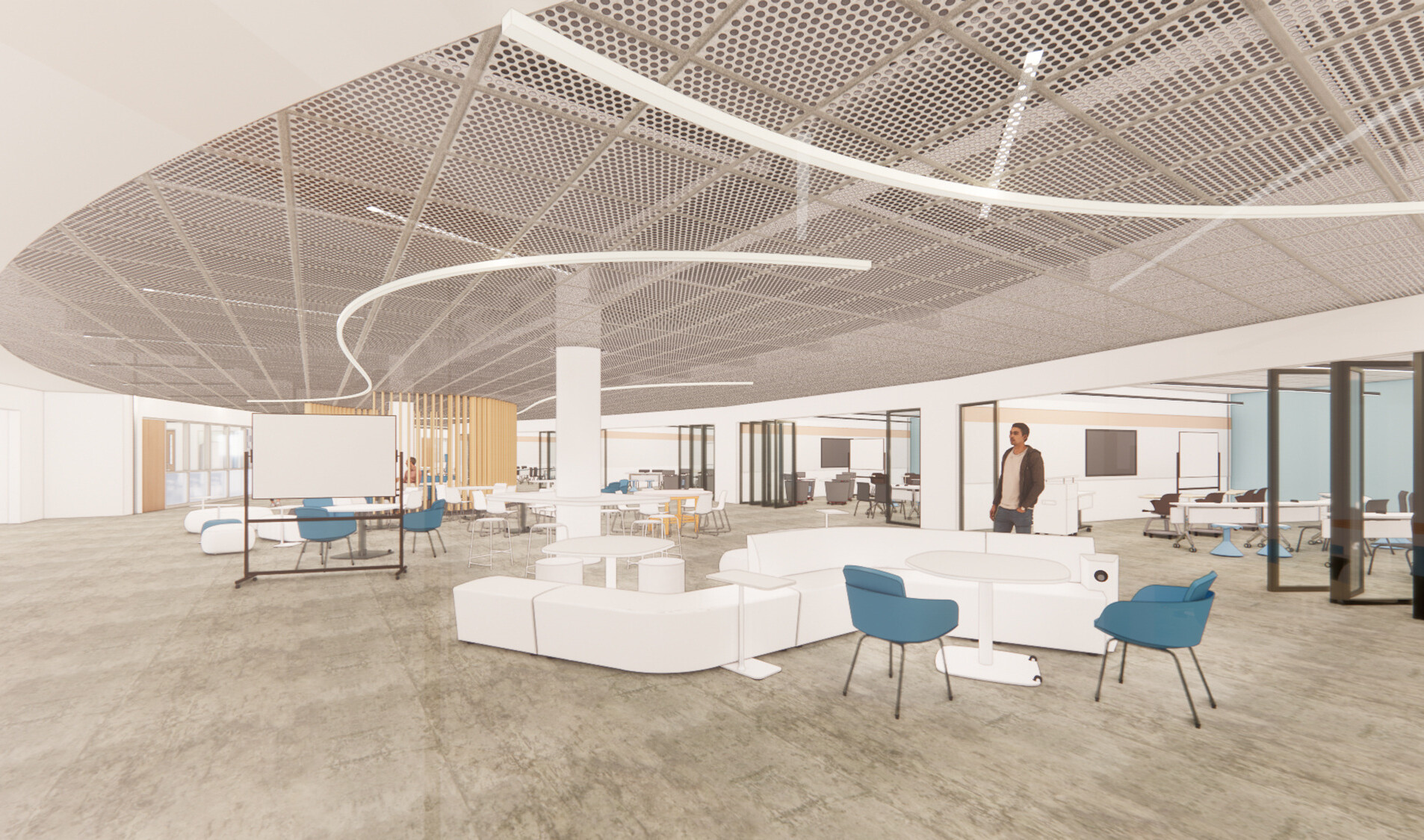 Rendering of interior of school common space with mixed flexible seating and walls, movable white board. Textured perforated ceiling