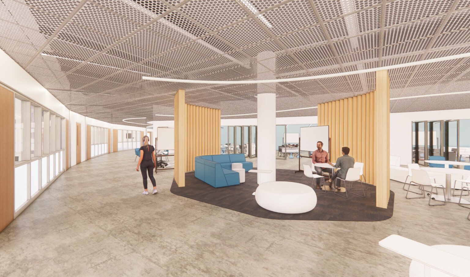 architectural rendering; gathering area, public use in lincoln high school; varied seating with blue couches and chairs; career-focused, visible, open areas to celebrate learning