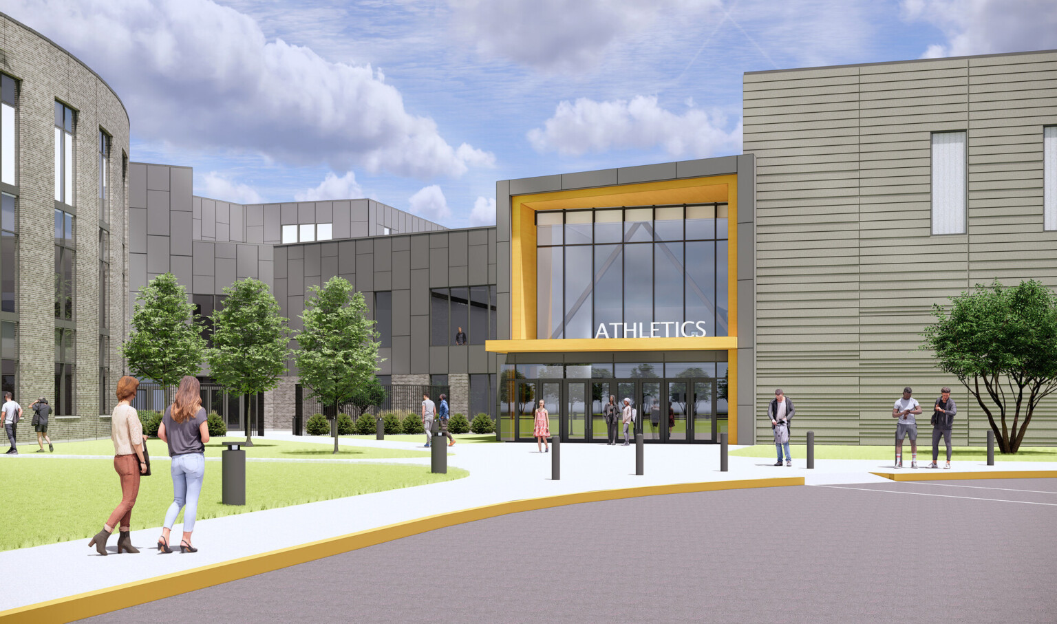 architectural rendering; athletics entrance to Lincoln High School. Landscaped sidewalk to 3 story building with covered entrance, round building to right