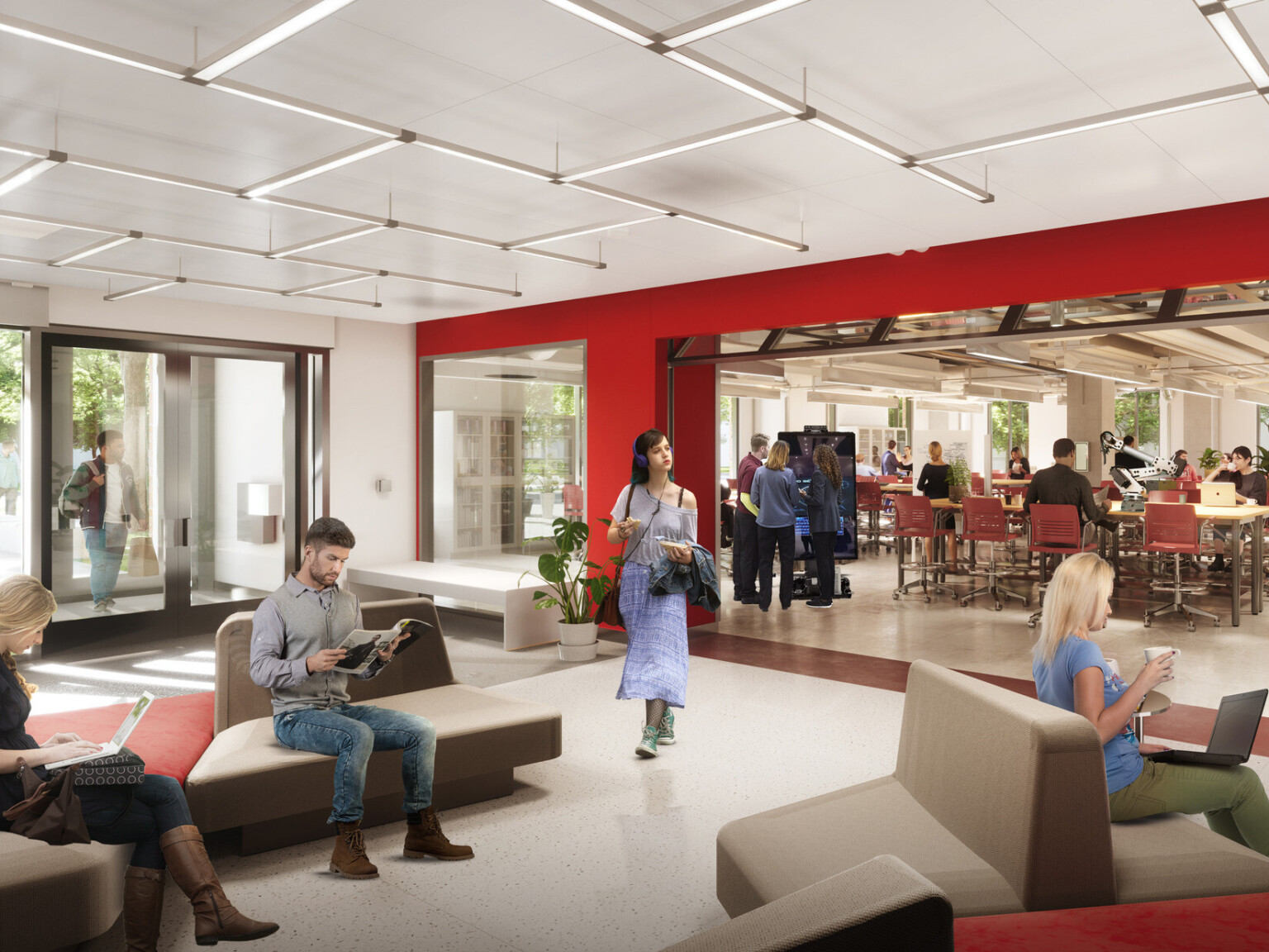 The Ohio State University Biomedical and Materials Engineering Complex Phase 2 learning common space flexible and comfortable seating in OSU branded colors