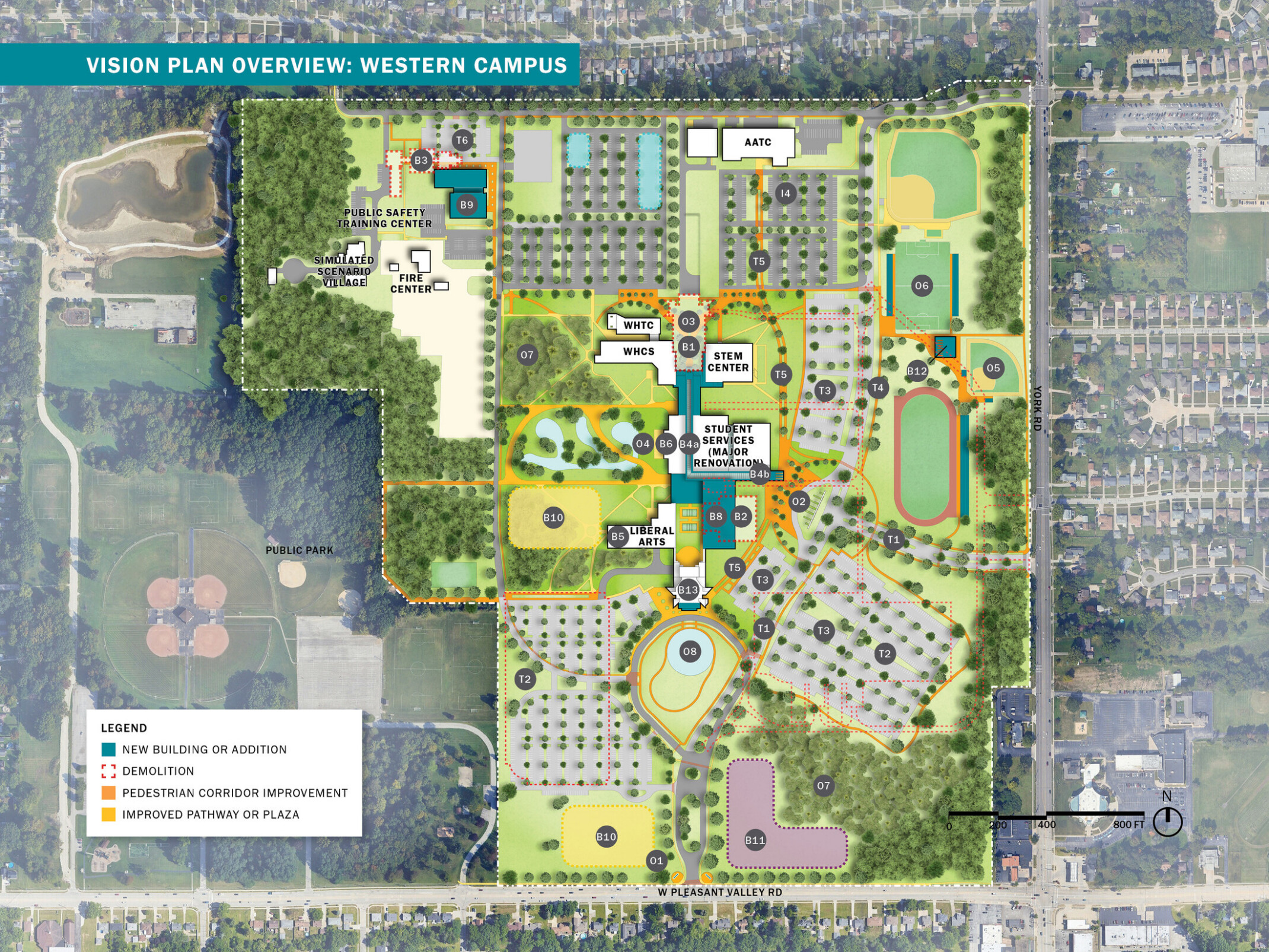 Vision plan overview for the Cuyahoga Community College Western Campus shown as a color-coded master plan overlay on an aerial photograph.