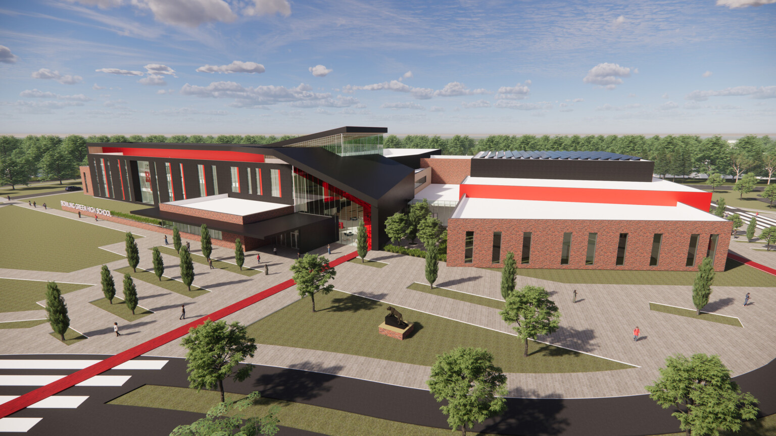 Rendering of Bowling Green City Schools facility designed for their Educational Facilities Master Plan brick building with red accents