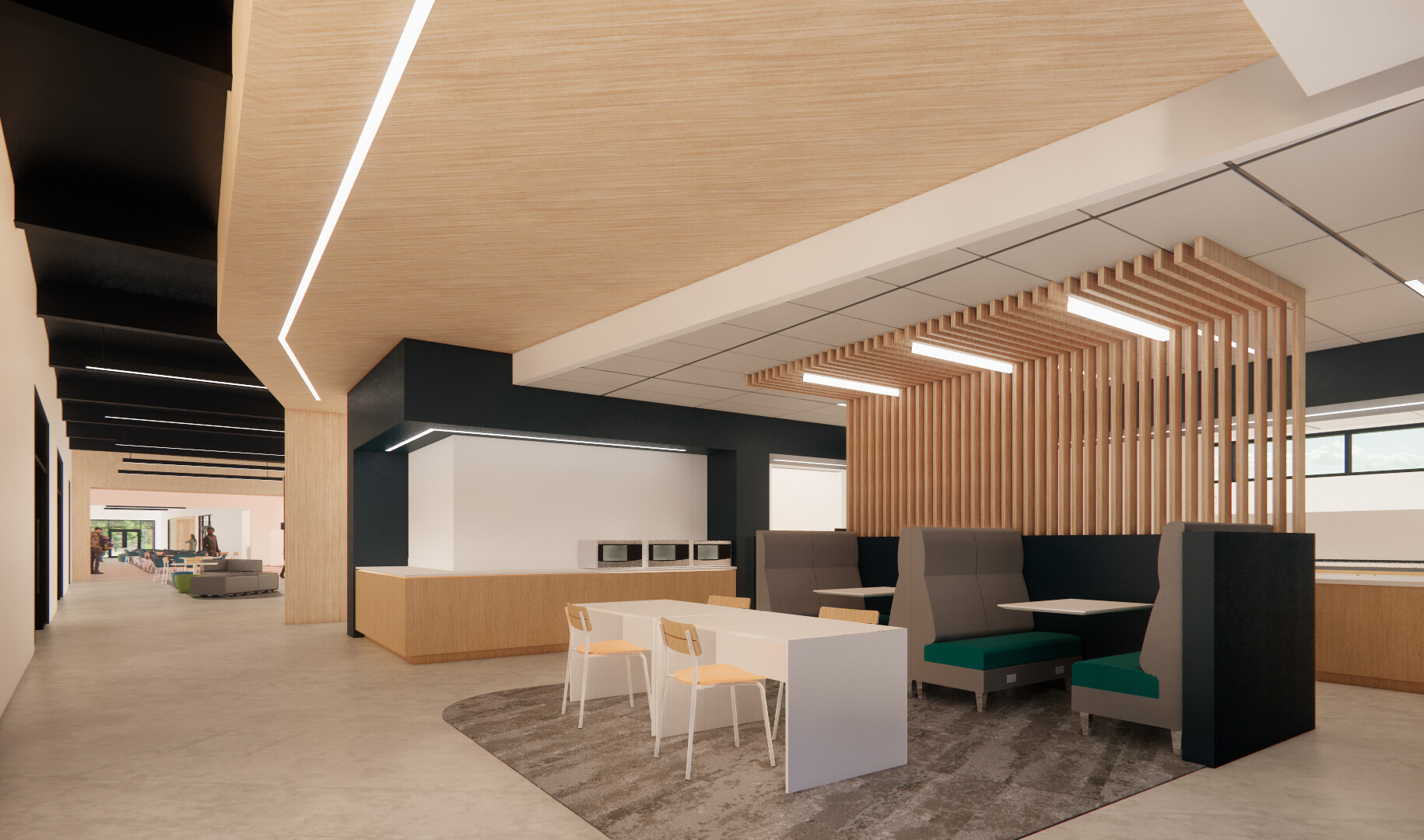 Architectural rendering of a hallway nook and seating for students to gather.