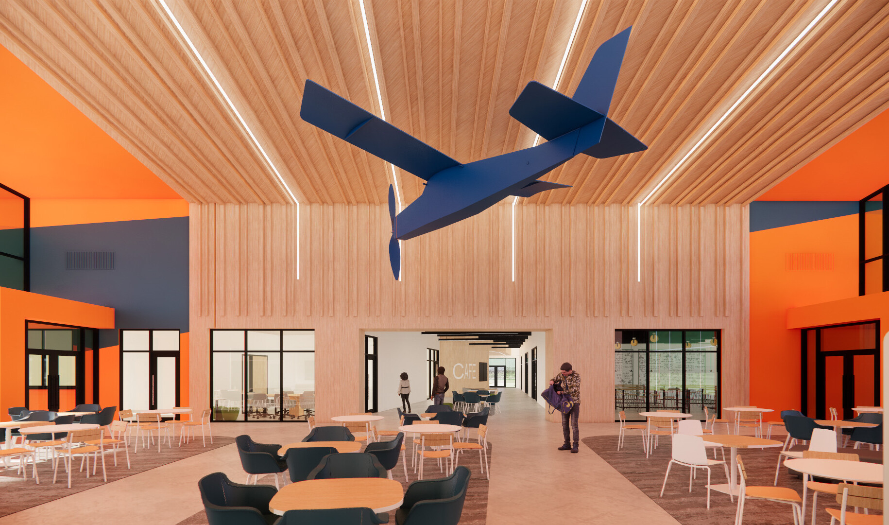 architectural rendering of Large model airplane hanging over café area at a flight technician school
