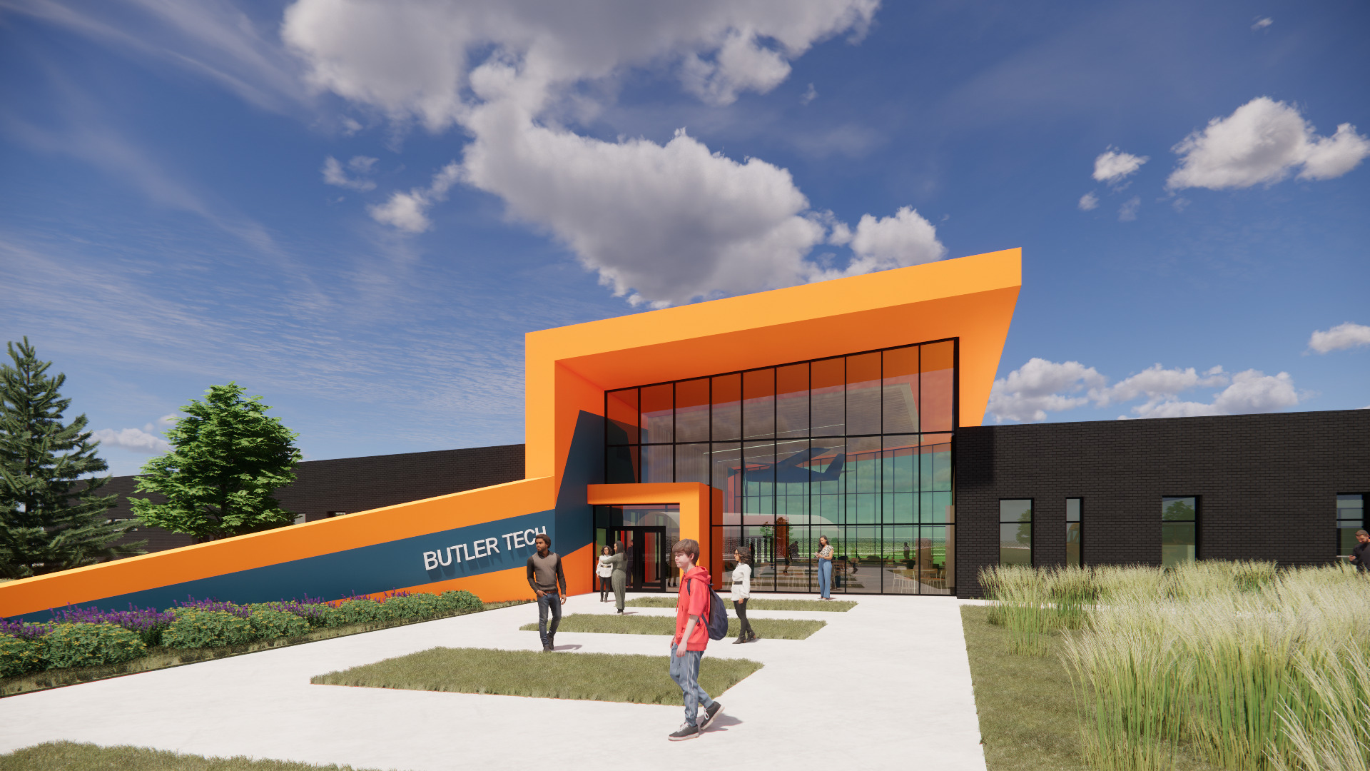 architectural rendering of the front entry to the Butler Tech Aviation Center; asymmetrical bright orange roof over floor to ceiling window entry