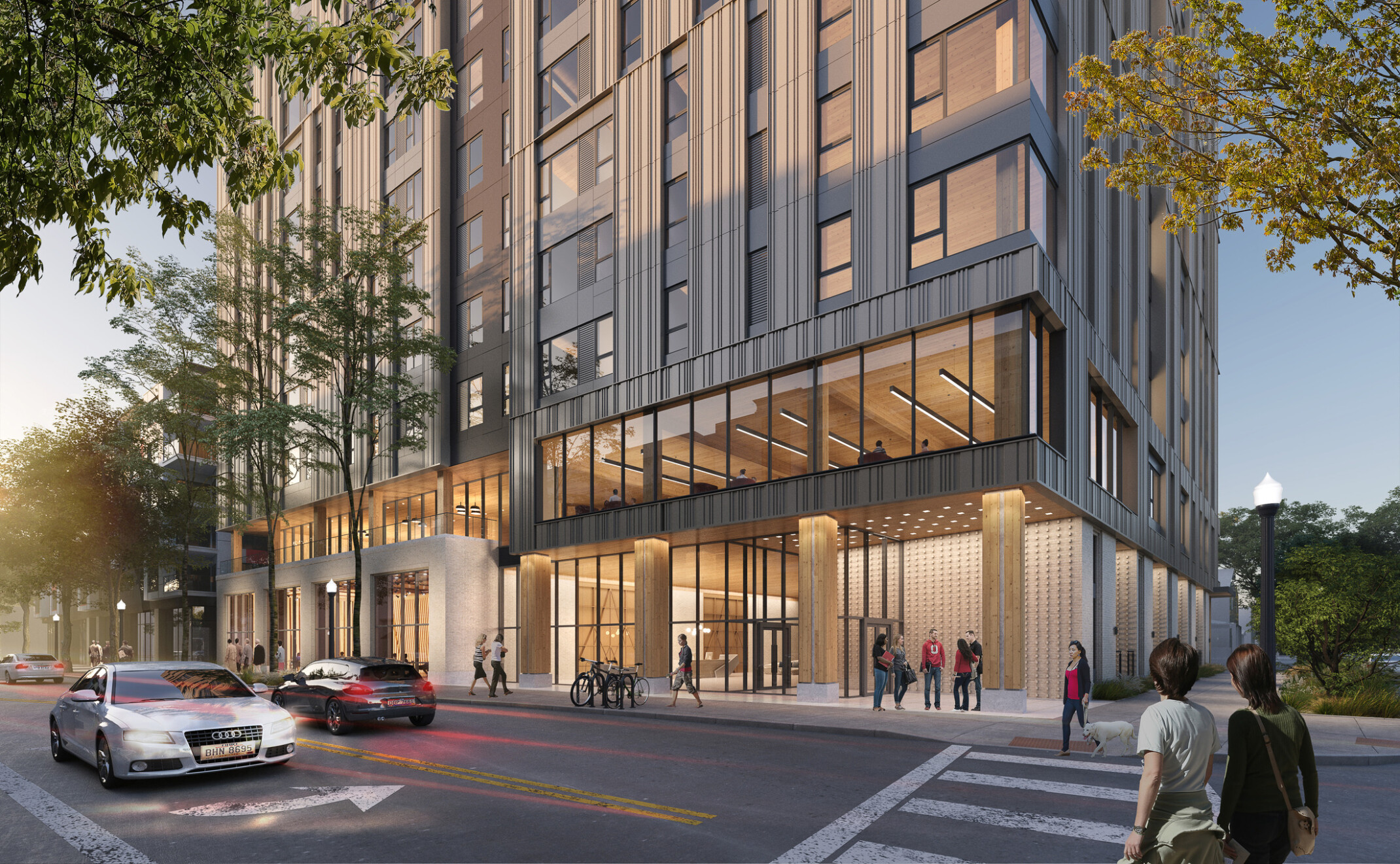 architectural rendering of 9th and High in Columbus, Ohio; mass timber structure entrance with covered awning with people standing underneath