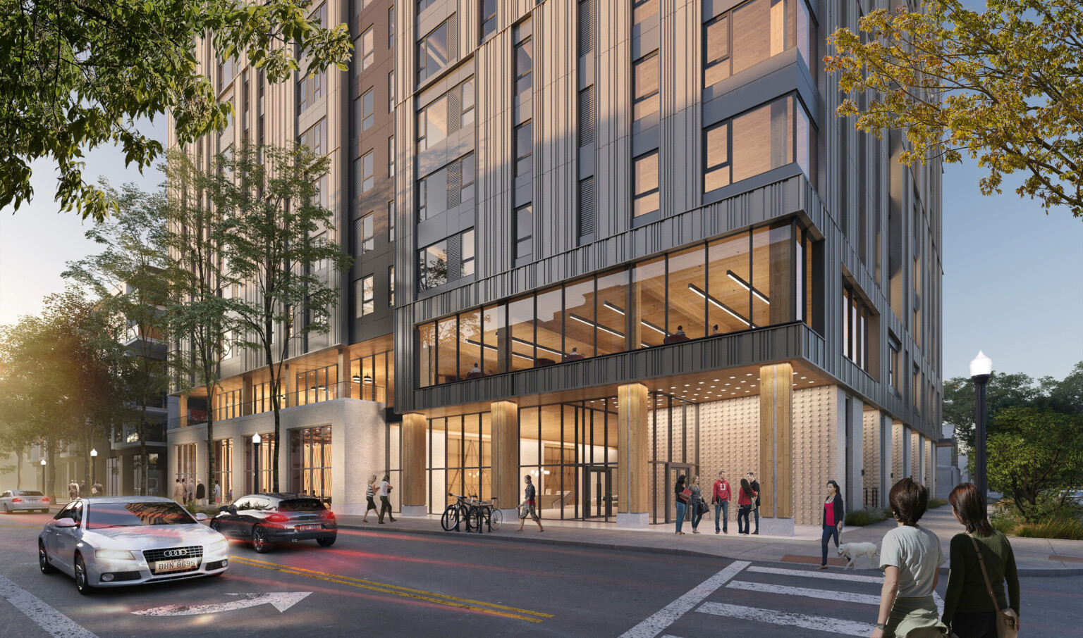 architectural rendering of 9th and High in Columbus, Ohio; mass timber structure entrance with covered awning with people standing underneath