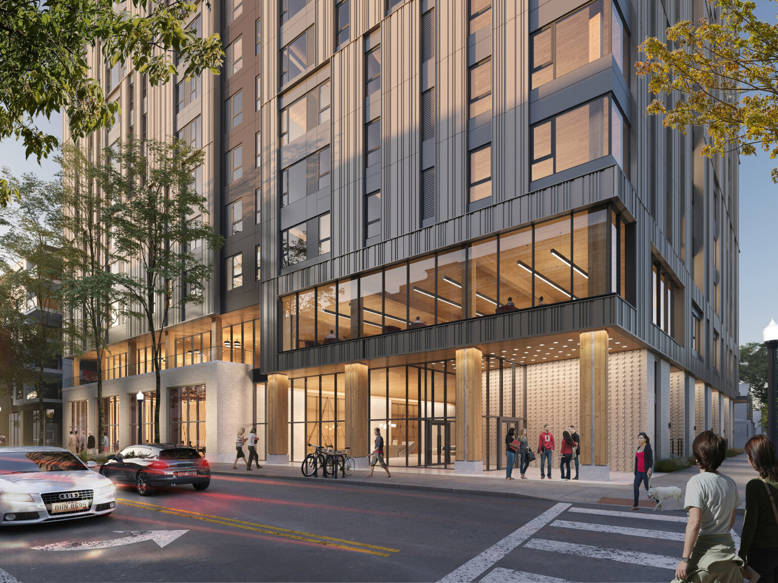 architectural rendering of 9th and High in Columbus, Ohio; mass timber structure entrance with covered awning with people standing underneath
