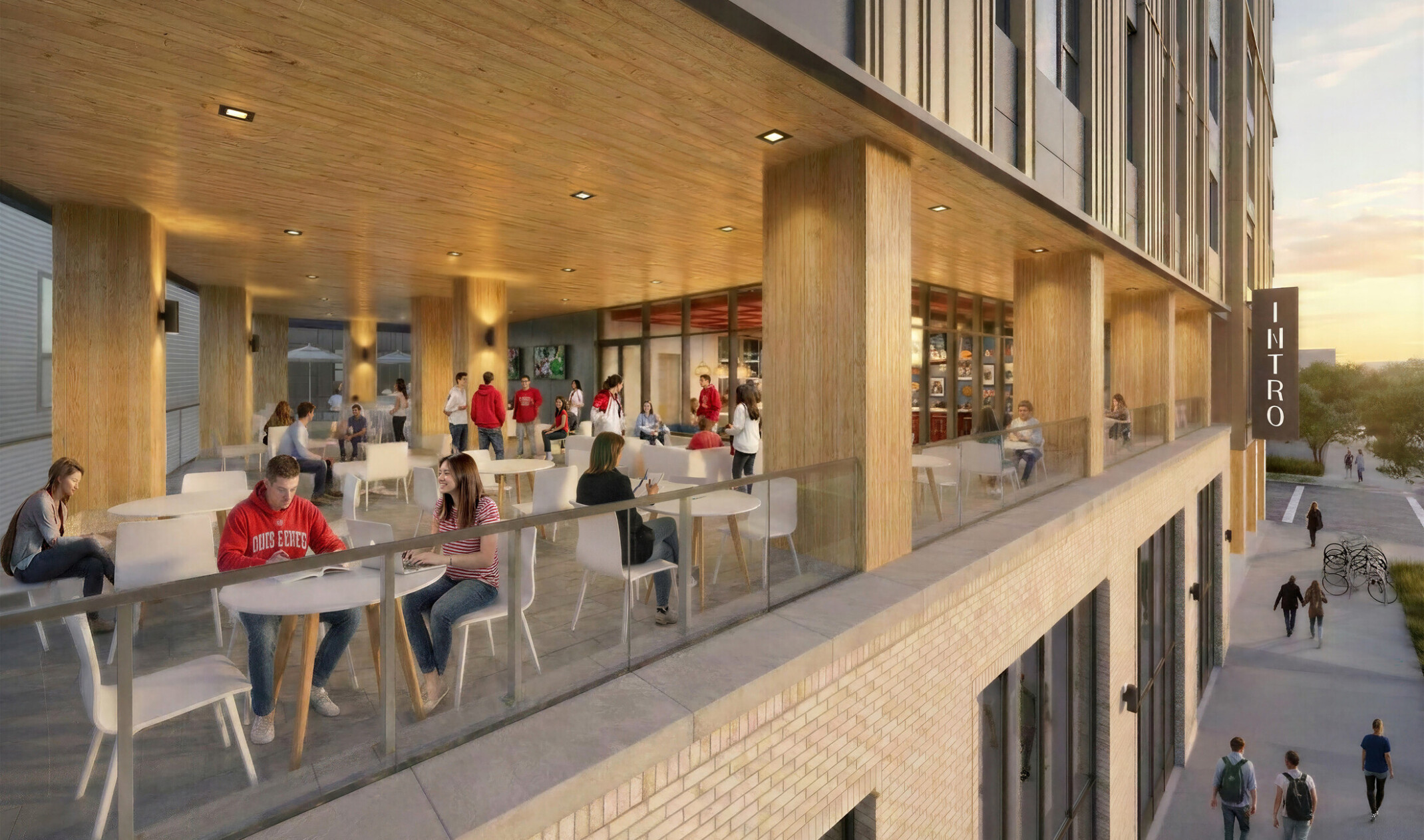 Exterior terrace rendering of 9th and High showing exposed mass timber columns and people seated at tables and walking through the space.