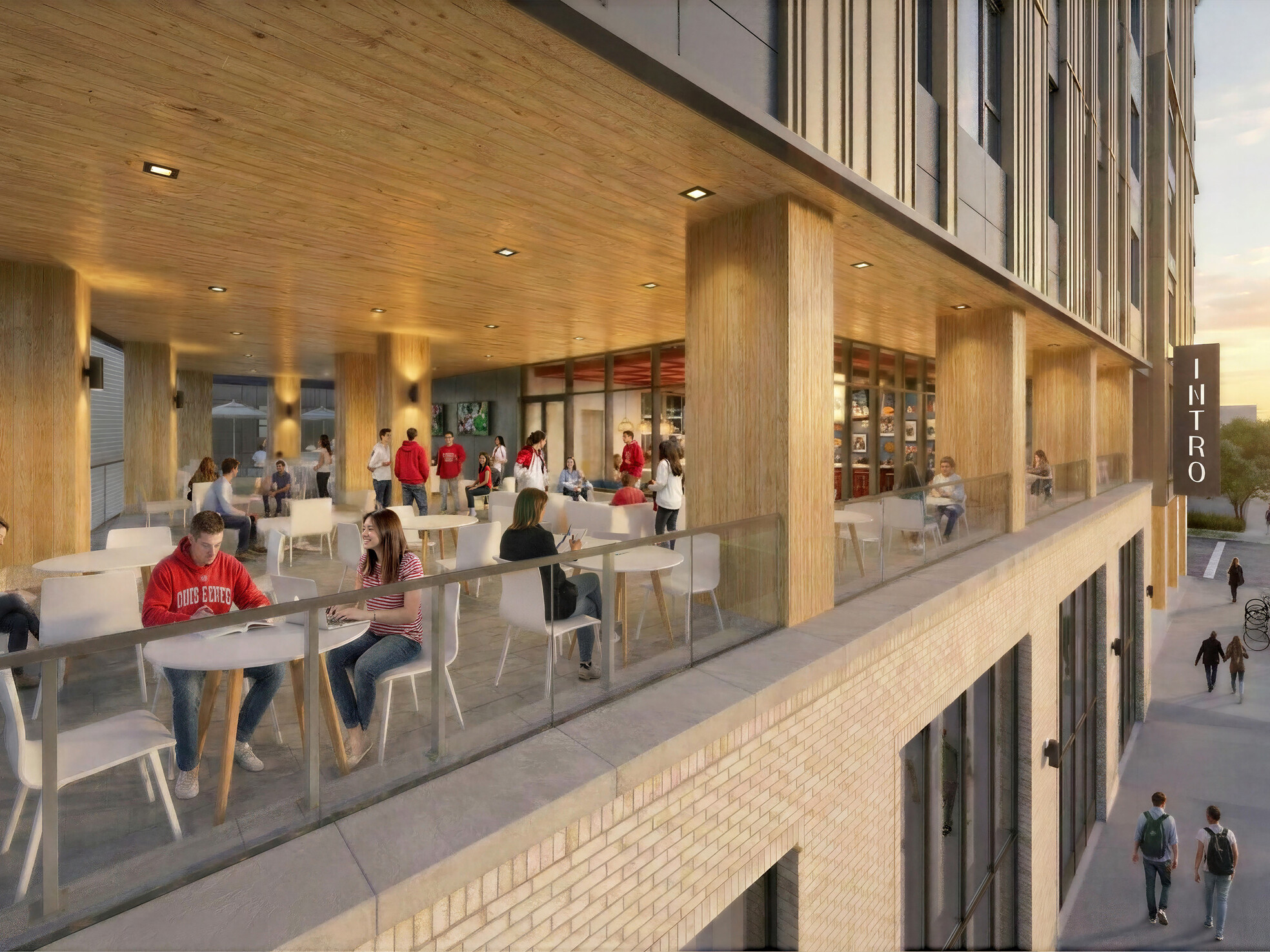 Exterior terrace rendering of 9th and High showing exposed mass timber columns and people seated at tables and walking through the space.