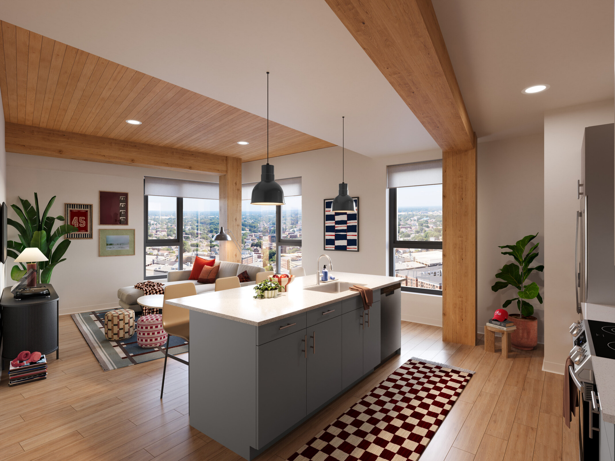Interior rendering of a unit at INTRO Columbus showing a kitchen with a glulam beam and column arch, and an adjoining living room with an exposed CLT panel ceiling.