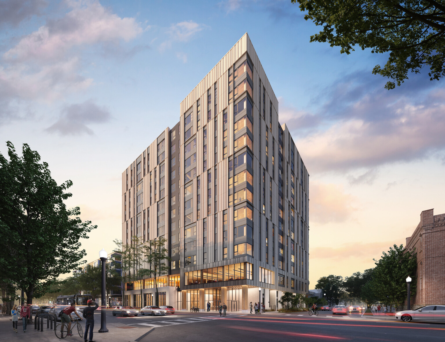 architectural rendering of 9th and High in Columbus, Ohio; mass timber structure; modern building with large windows and common space lobby on the ground floor architectural rendering of 9th and High in Columbus, Ohio; mass timber structure; modern building with large windows and common space lobby on the ground floor