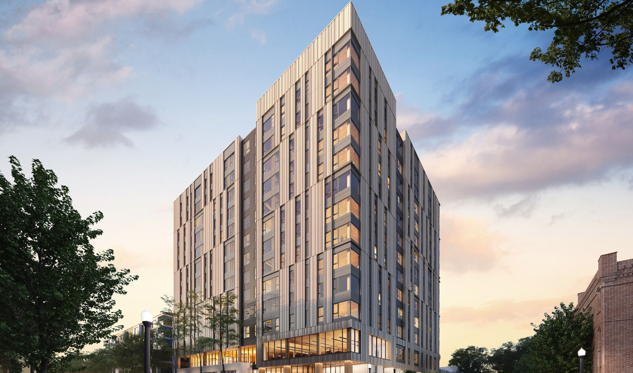 architectural rendering of 9th and High in Columbus, Ohio; mass timber structure; modern building with large windows and common space lobby on the ground floor