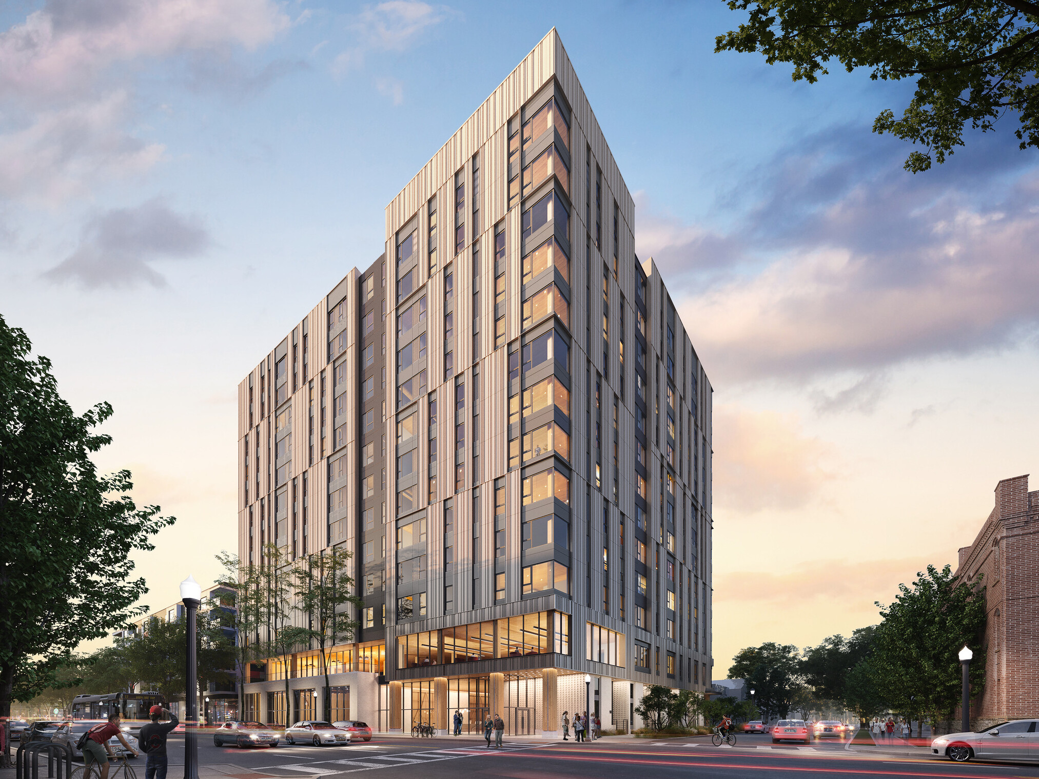 architectural rendering of 9th and High in Columbus, Ohio; mass timber structure; modern building with large windows and common space lobby on the ground floor