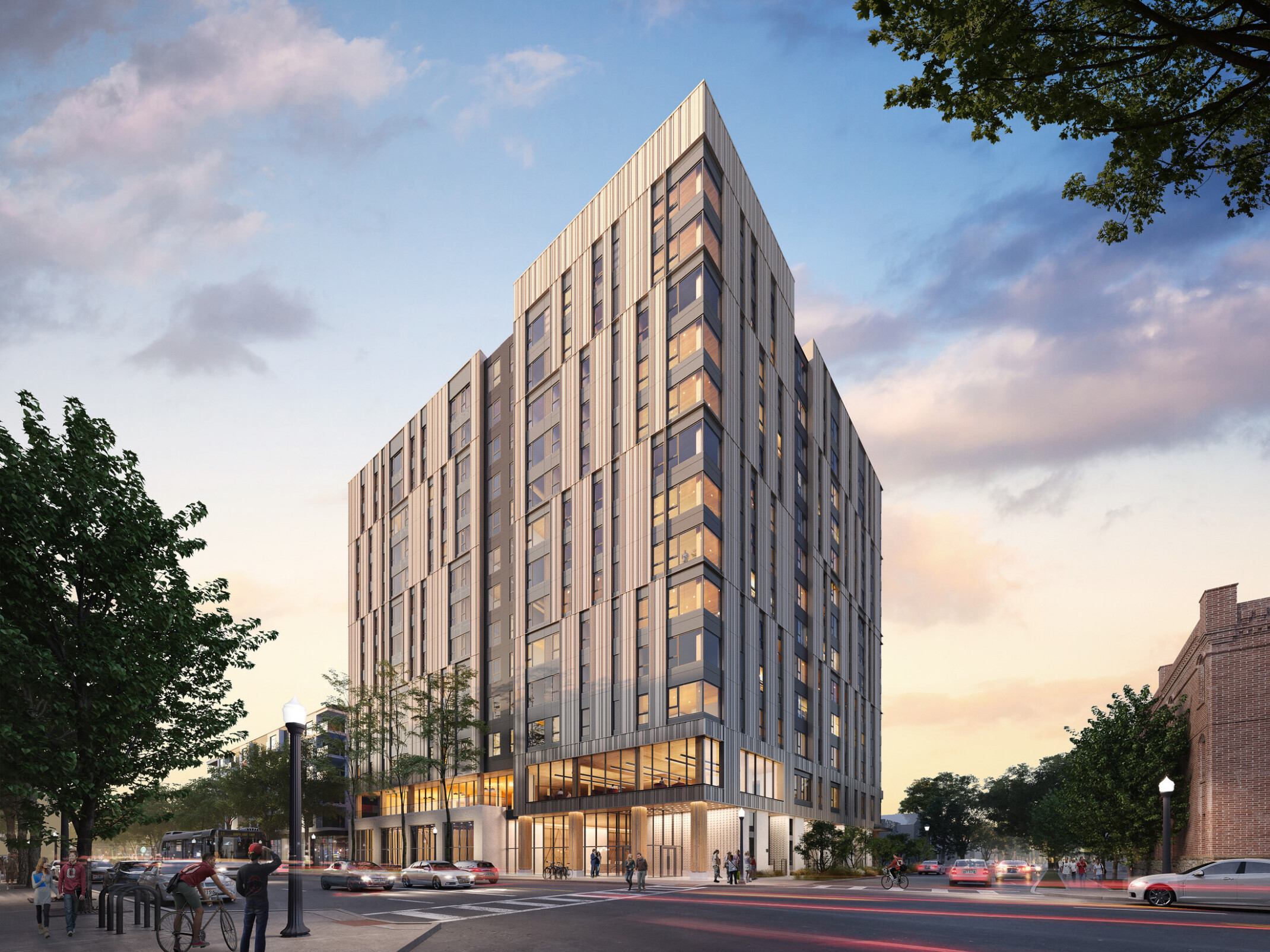 architectural rendering of 9th and High in Columbus, Ohio; mass timber structure; modern building with large windows and common space lobby on the ground floor