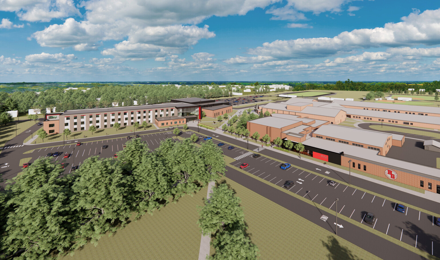 architectural rendering of bowling city green high school with tan campus buildings, parking lot and green space