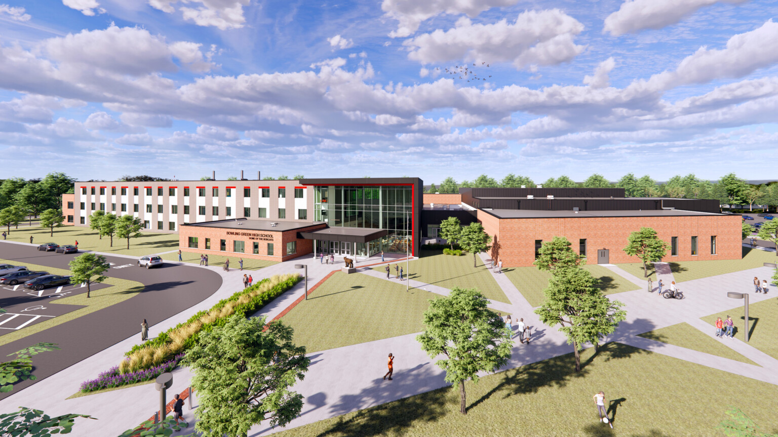 Rendering of Bowling Green City Schools facility designed for their Educational Facilities Master Plan brick building with red accents
